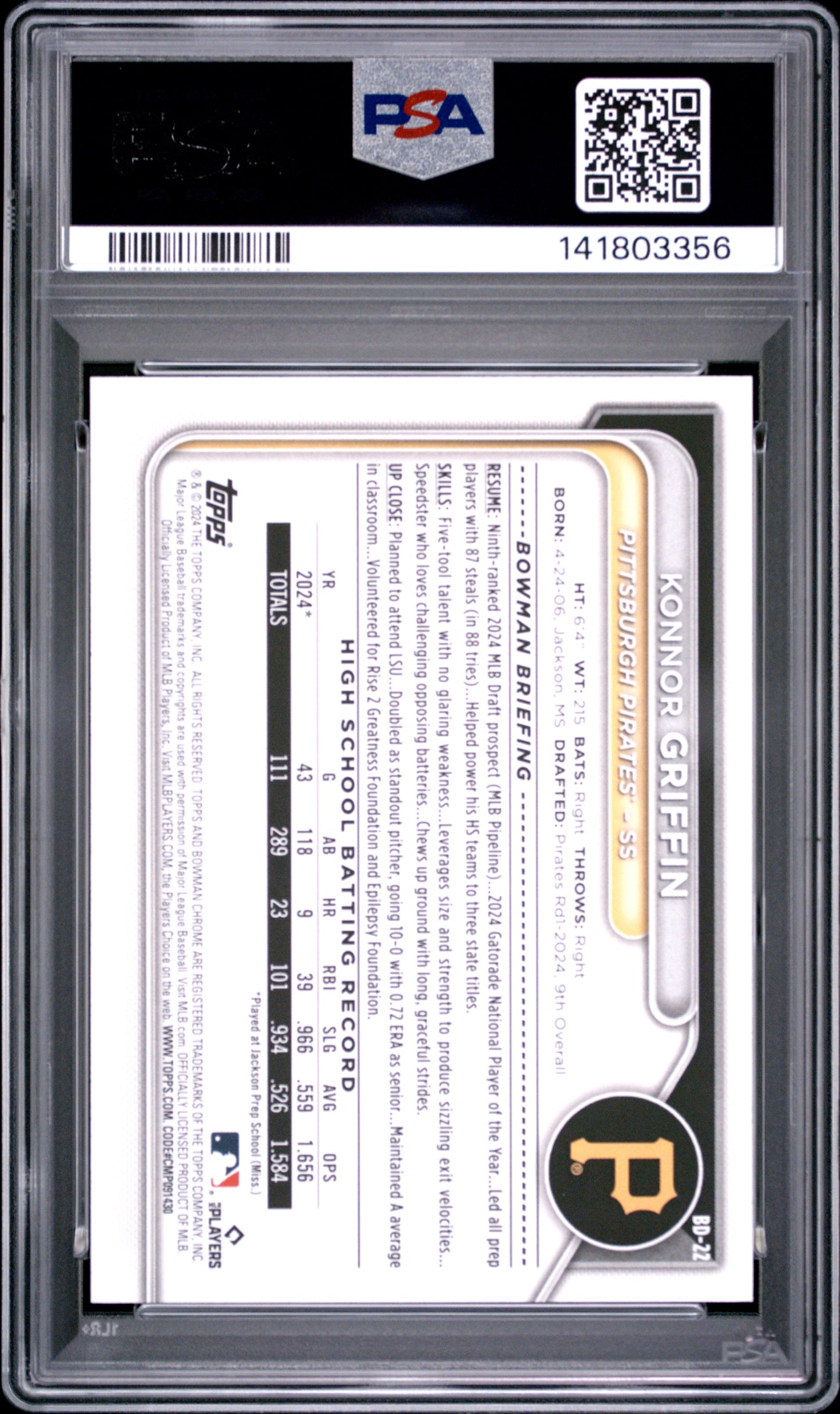 2024 Bowman Draft Konnor Griffin #BD22 PSA 9