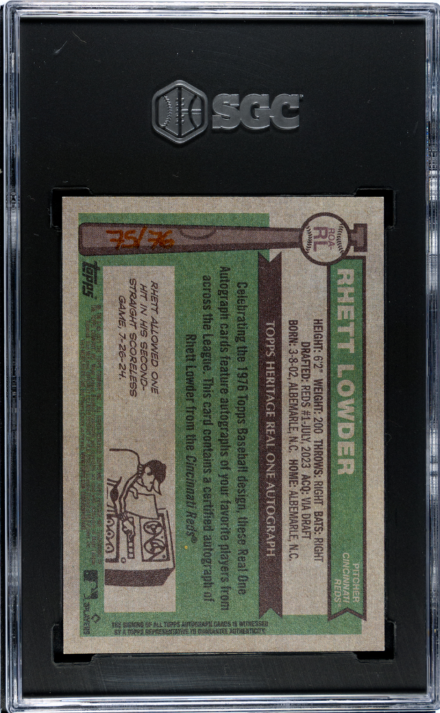 2025 Topps Heritage Rhett Lowder #RL Real One Auto Red Ink 75/76 SGC 9.5 Auto 10