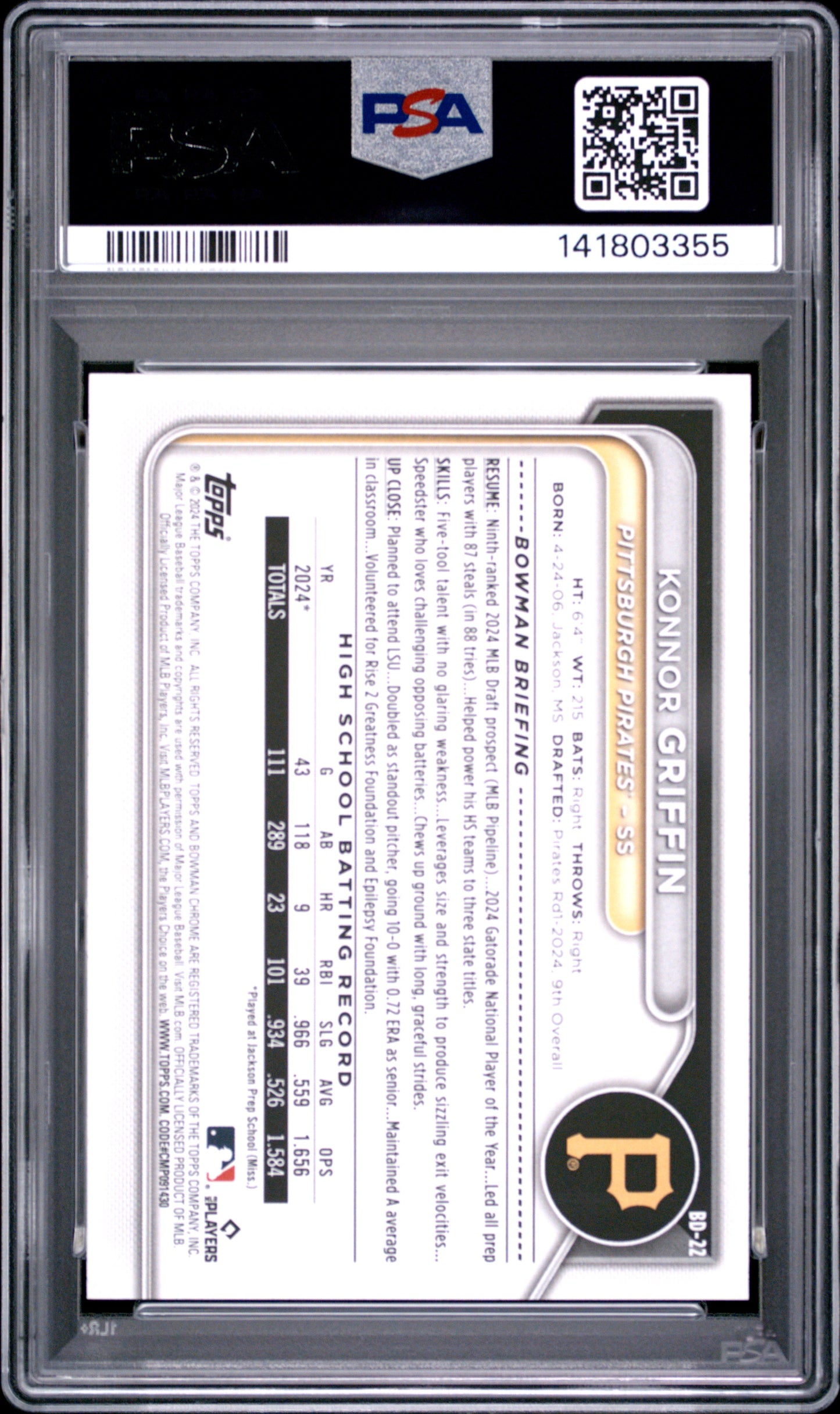 2024 Bowman Draft Konnor Griffin #BD22 PSA 10