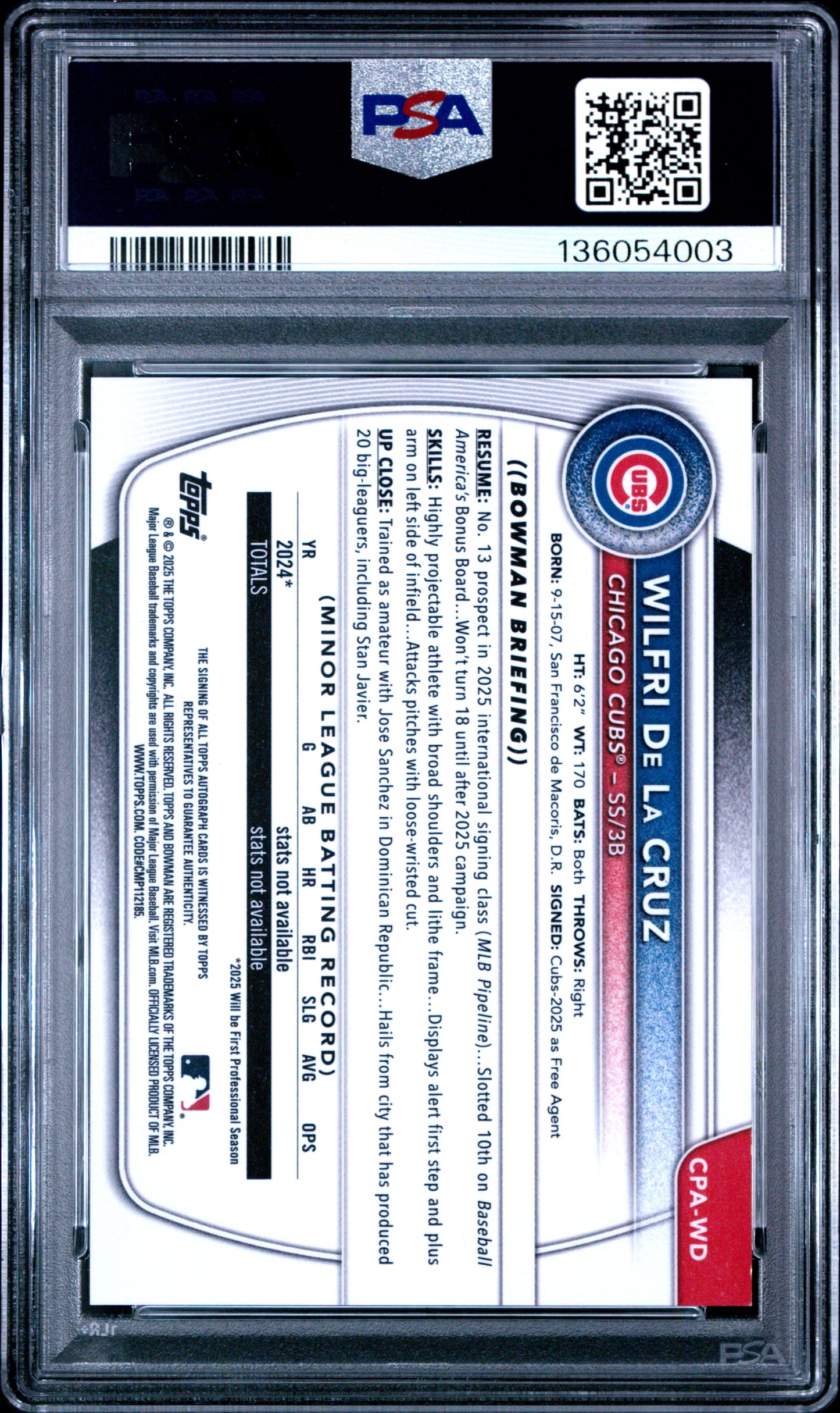 2025 Bowman Chrome Prospect Auto Wilfri De La Cruz #CPAWD Gold Ref 08/50 PSA 9