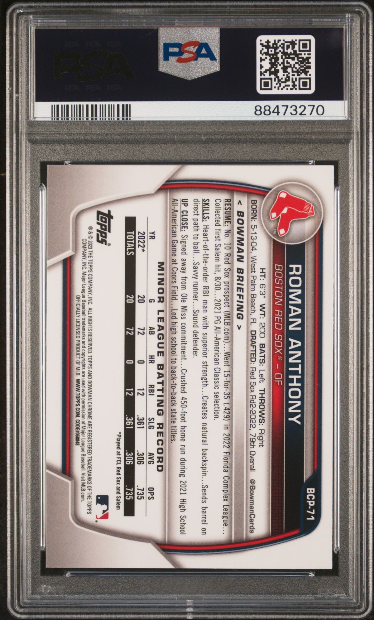 2023 Bowman Sapphire Edition Chrome Prospects Roman Anthony #BCP71 PSA 9