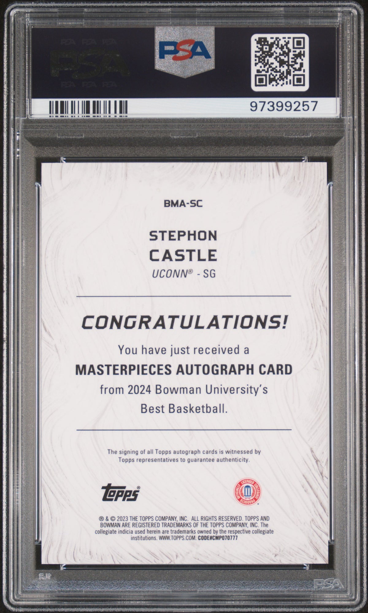 2023 Bowman U. Best Masterpieces Autographs Stephon Castle #BMASC 68/75 PSA 9