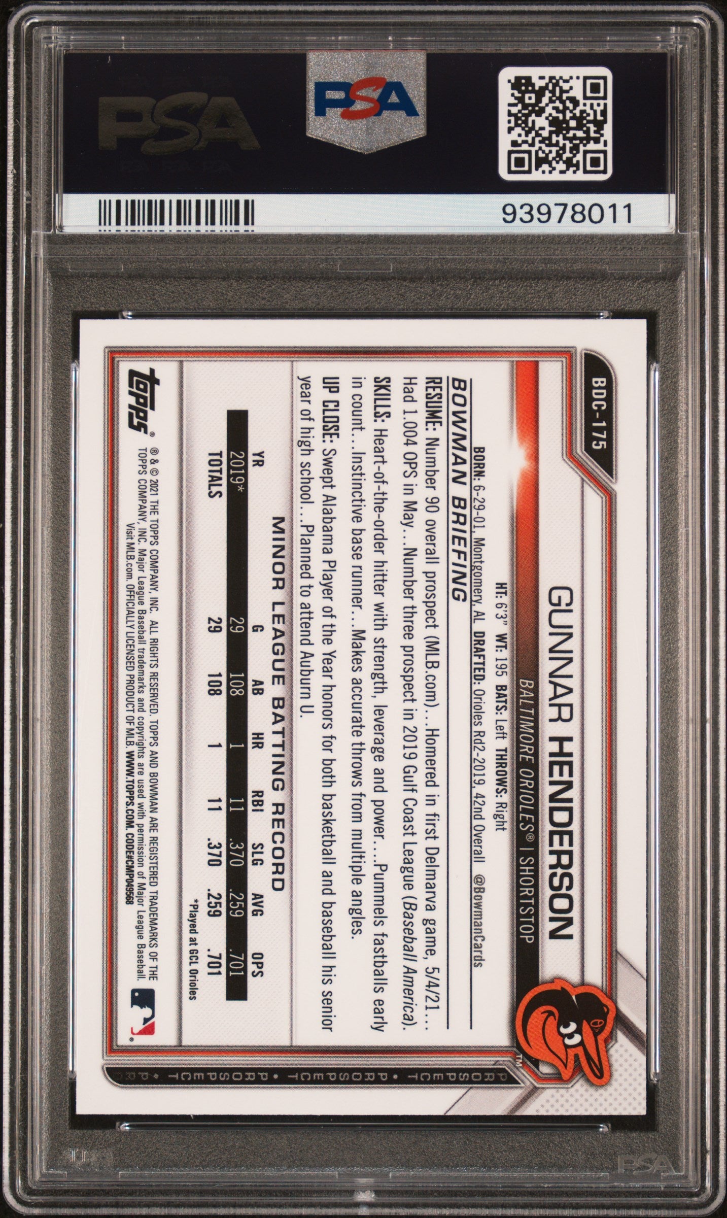 2021 Bowman Draft Gunnar Henderson #BDC175 Chrome Sky Blue Refractor PSA 10