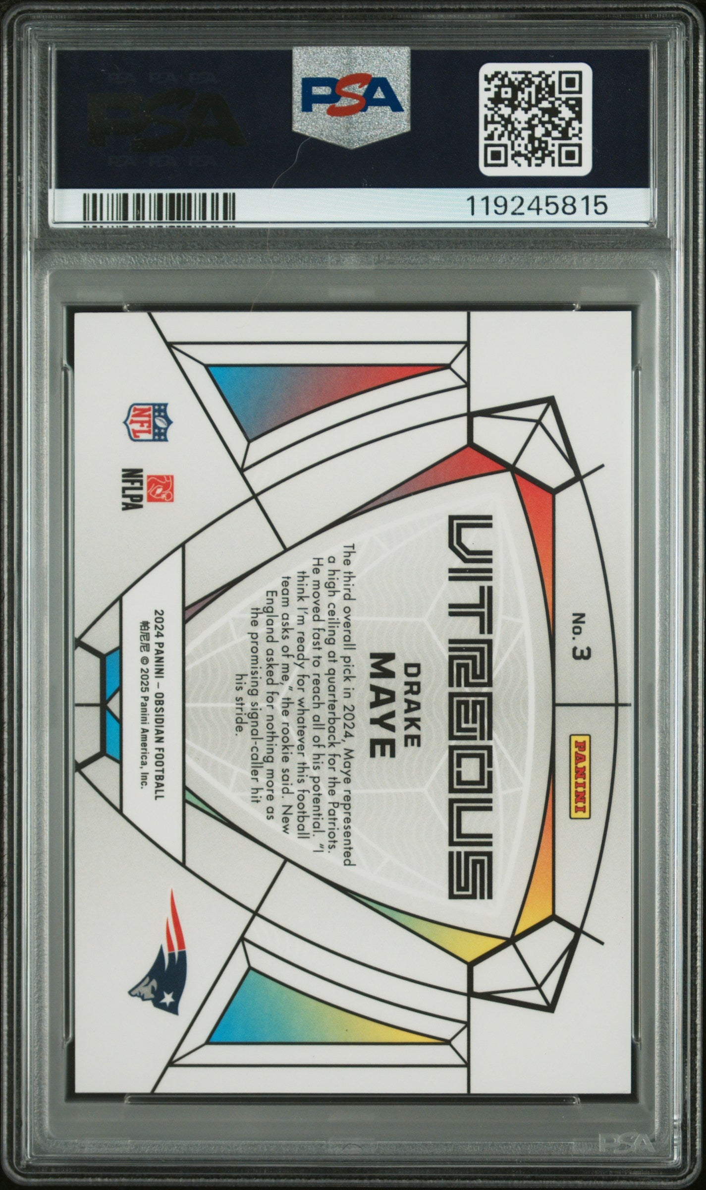 2024 Panini Obsidian Vitreous Drake Maye #3 RC PSA 10