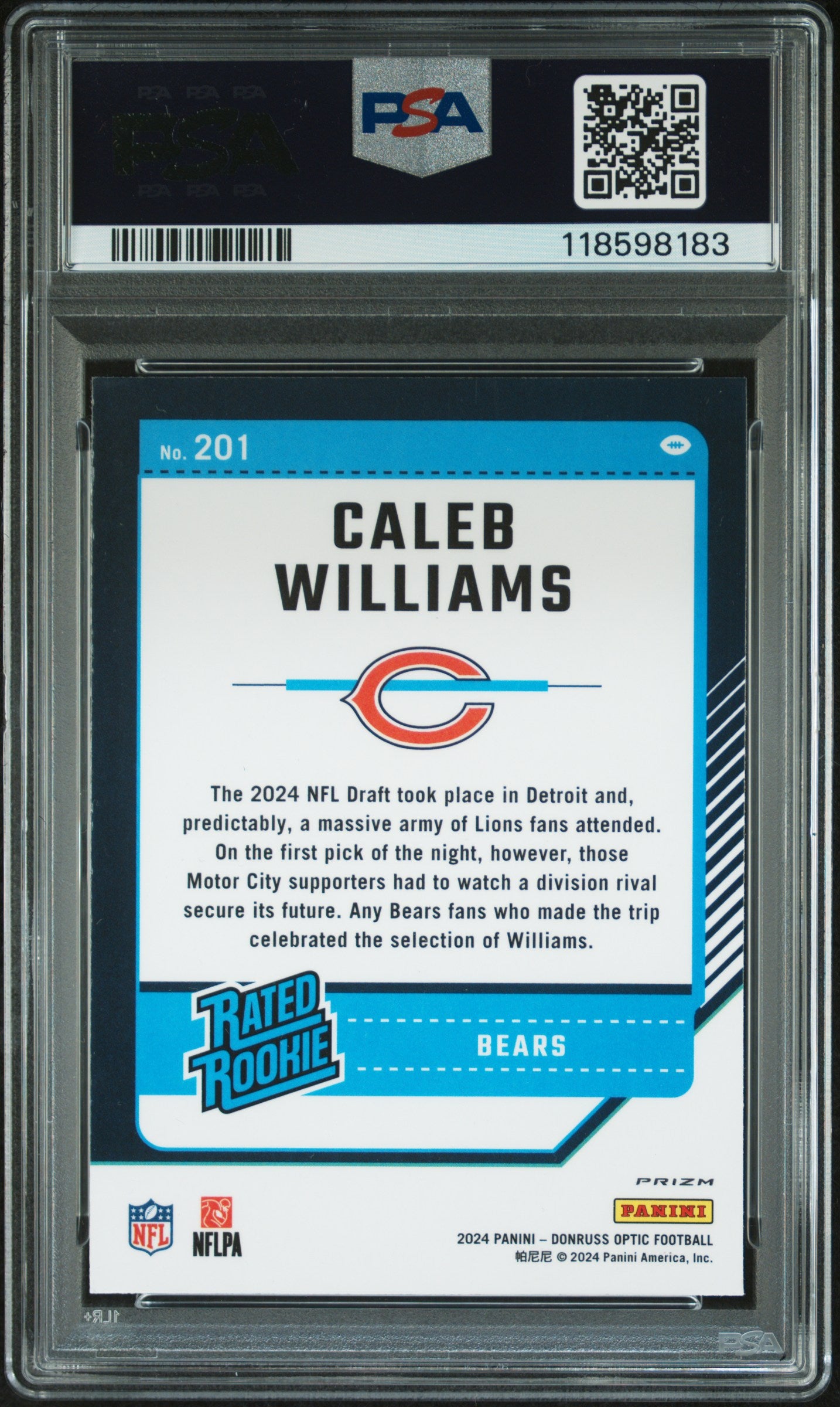 2024 Donruss Optic Rated Rookie Caleb Williams #201 Purple Shock PSA 9