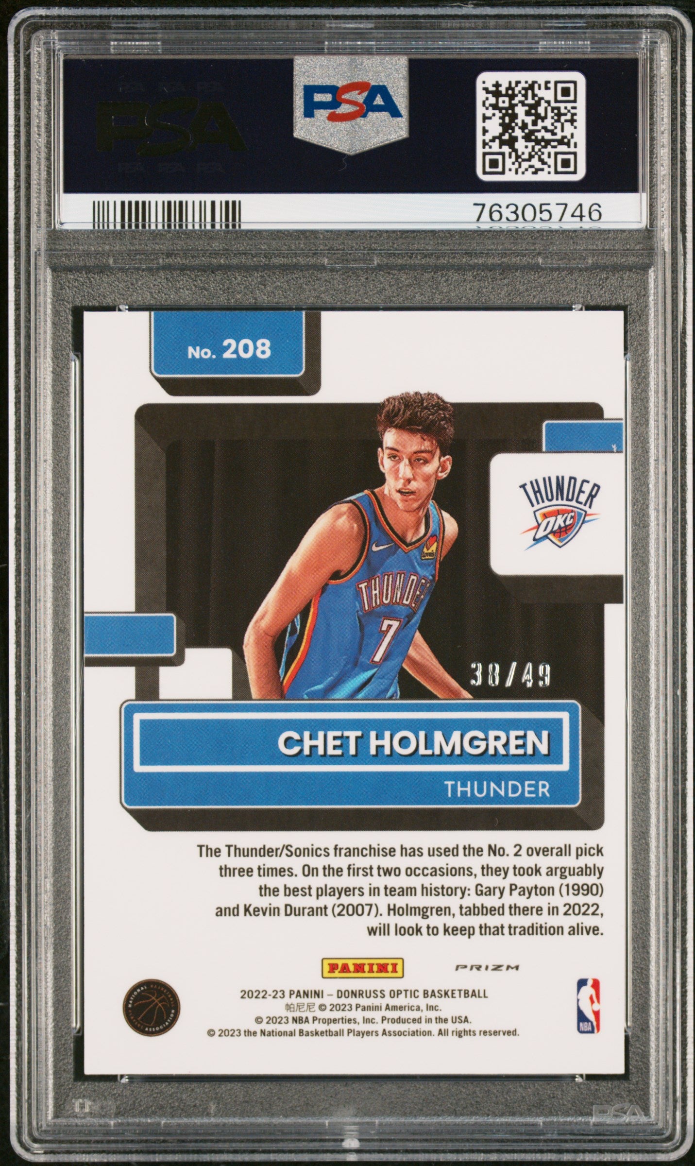 2022 Donruss Optic Rated Rookie Chet Holmgren #208 Blue 38/49 PSA 9