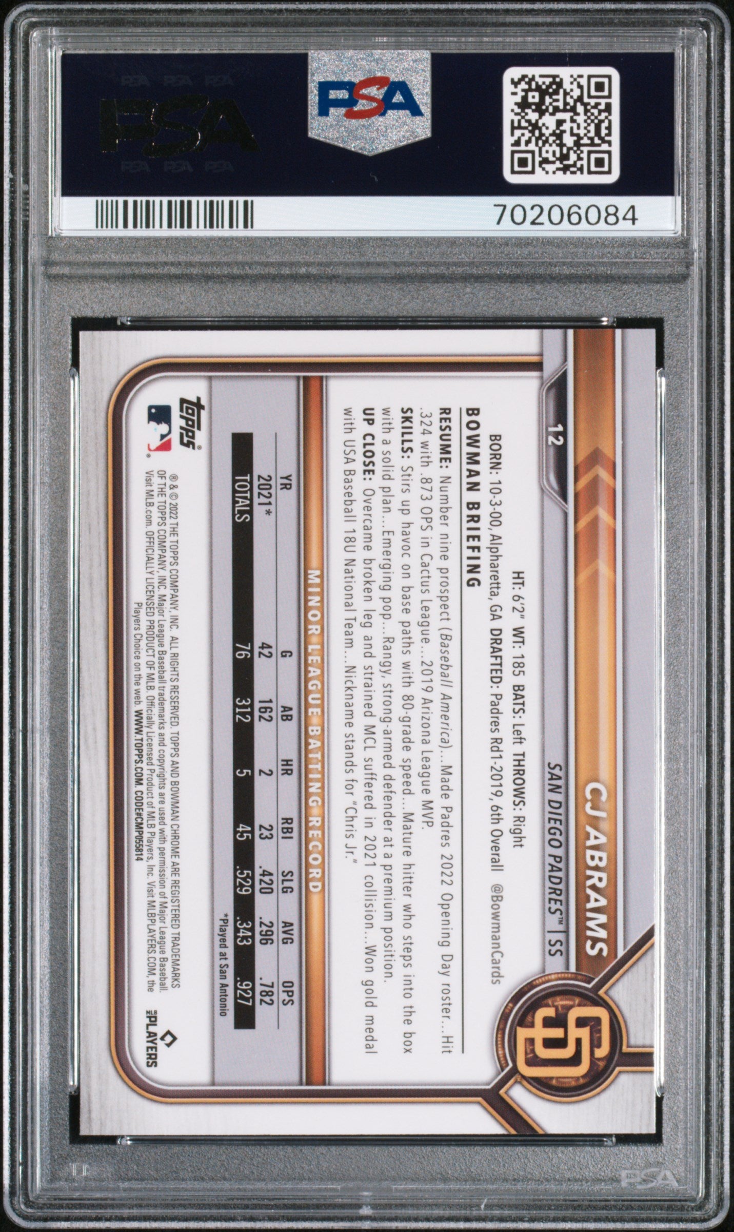 2022 Bowman Chrome CJ Abrams #12 PSA 10