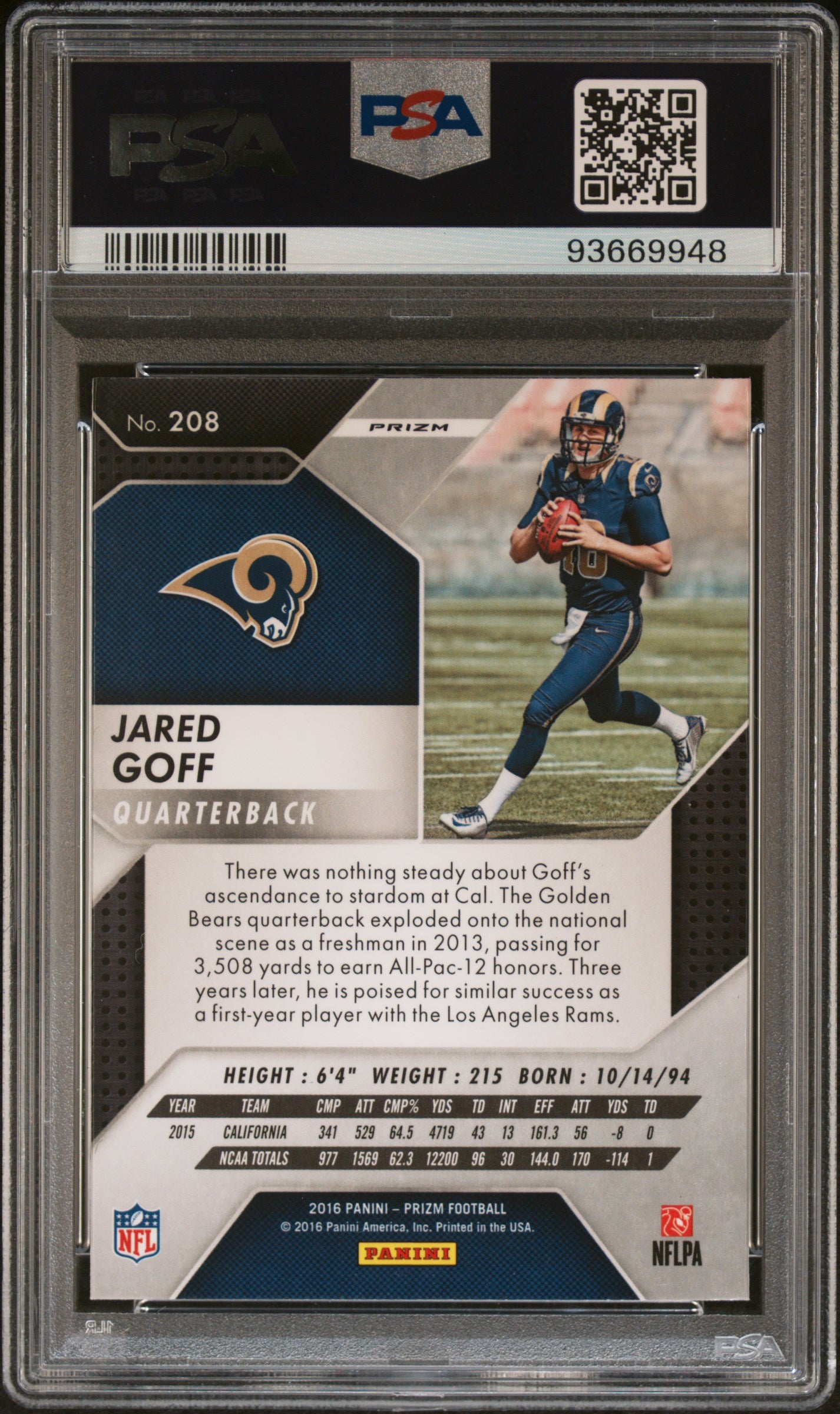 2016 Panini Prizm Jared Goff #208 (Prizm) RC PSA 9