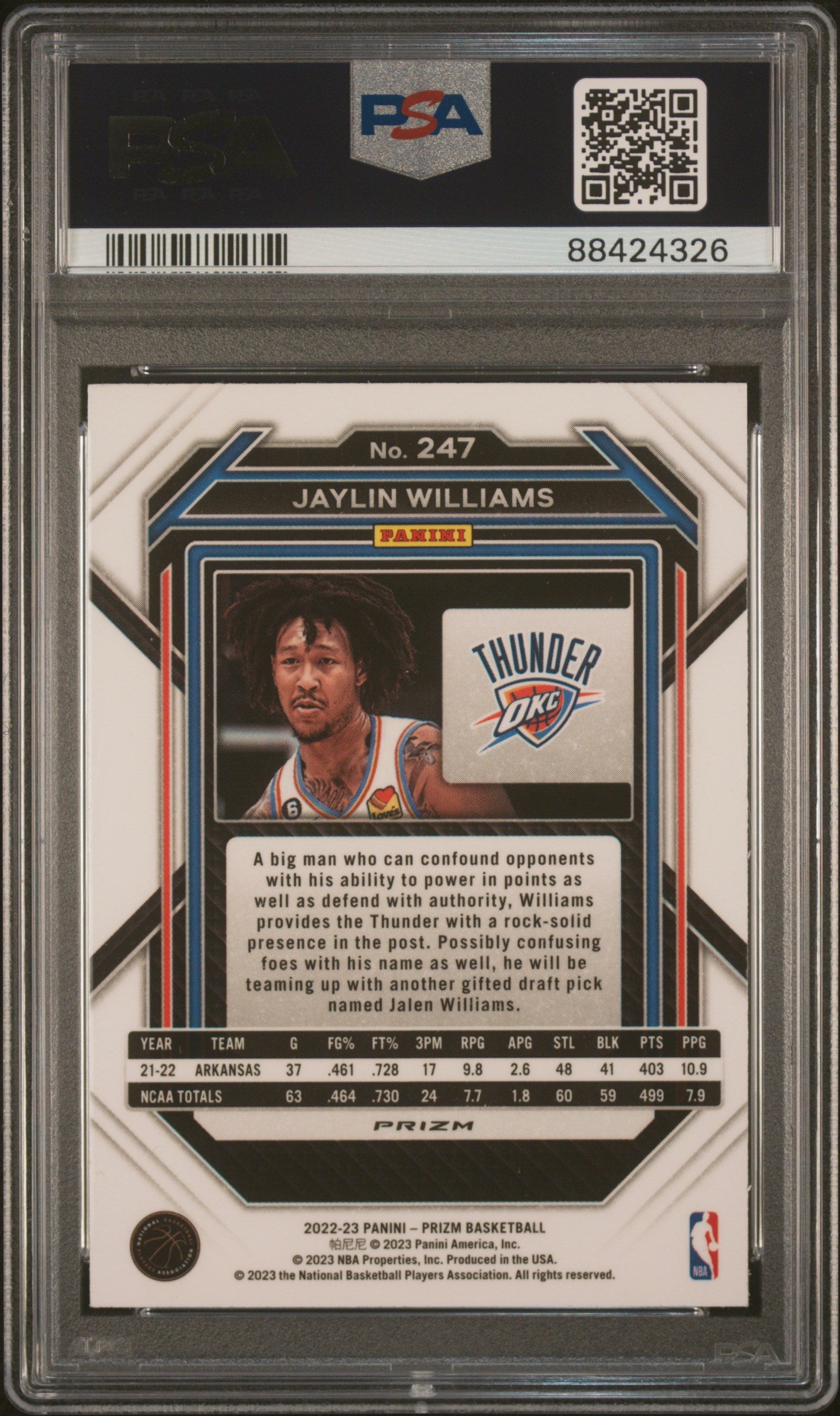 2022 Panini Prizm Jaylin Williams #247 Pink Ice PSA 9