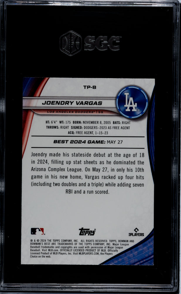 2024 Bowman's Best Joendry Vargas #TP-8 Top Prospects Gold Lava 02/50 SGC 10