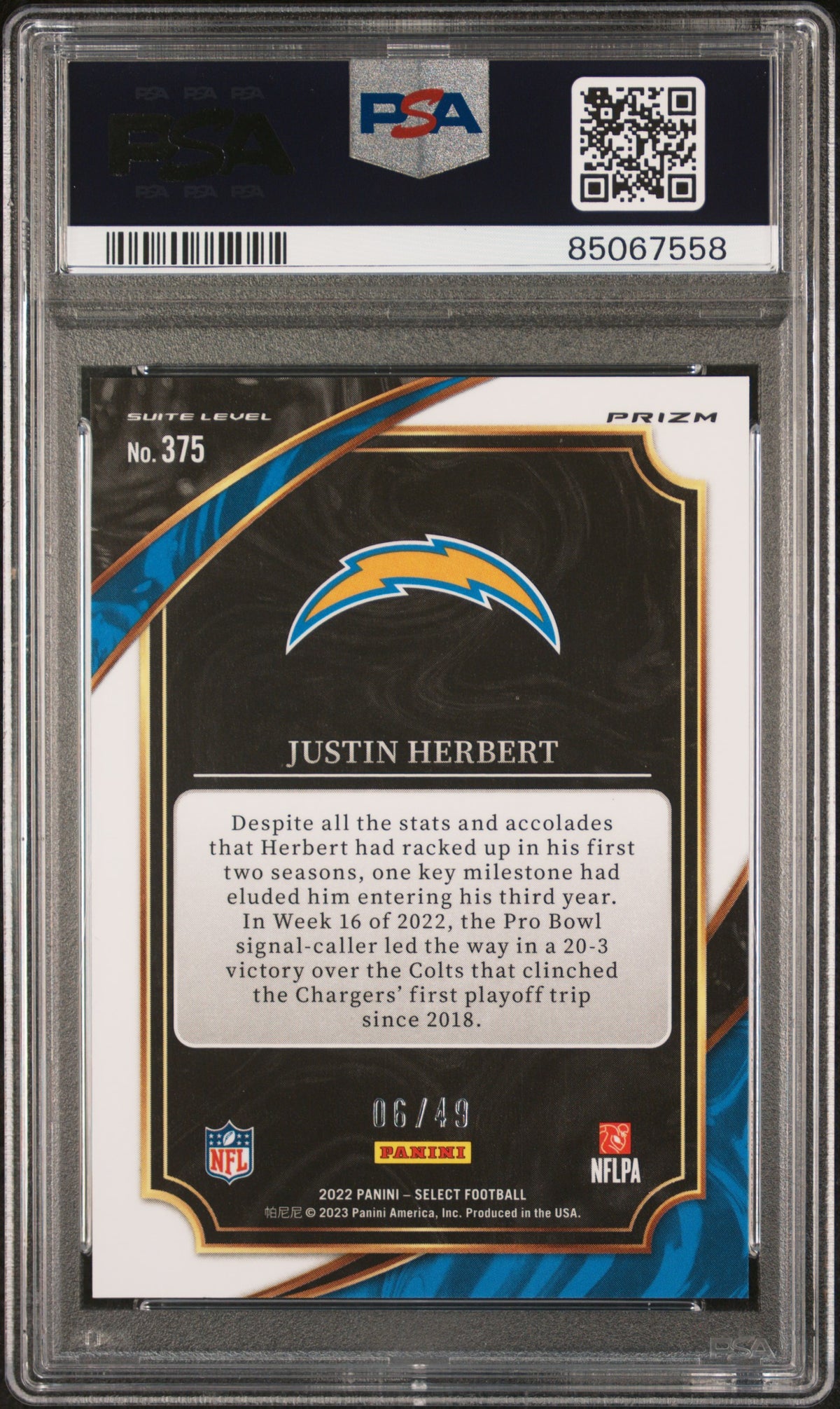 2022 Panini Select Justin Herbert #375 Red Prizm 06/49 PSA 9