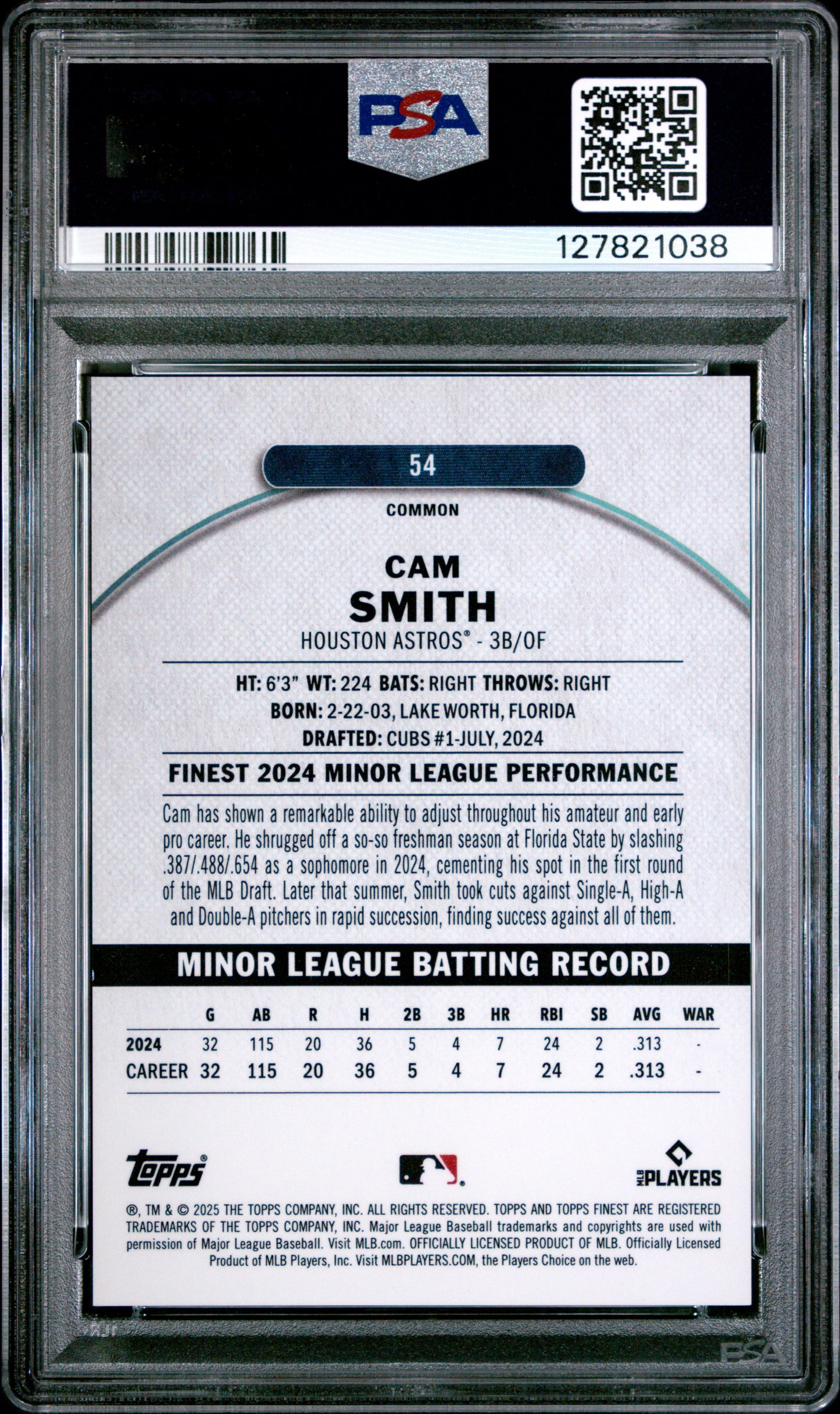 2025 Topps Finest Cam Smith #54 Pearl Checkerboard 17/60 PSA 10