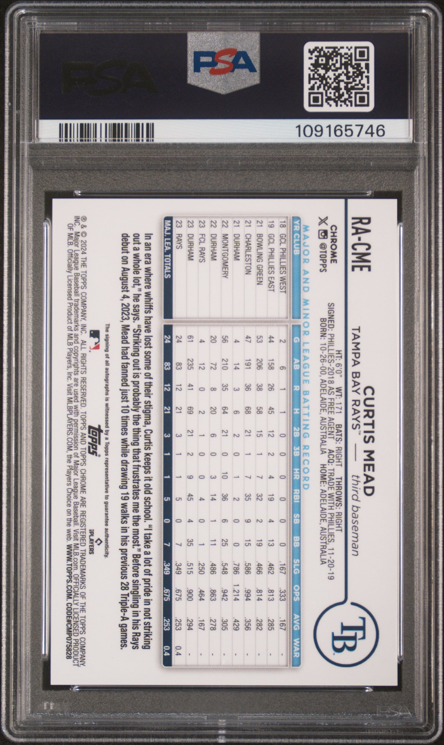 2024 Topps Chrome Rookie Autographs Curtis Mead #RACME Gold Ref PSA 10
