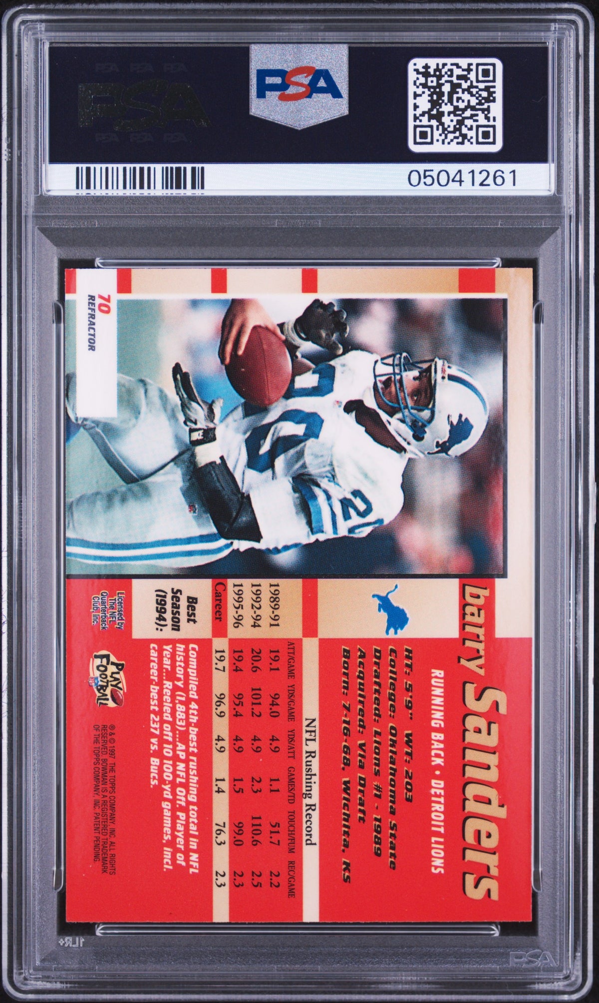 1997 Bowman's Best Barry Sanders #70 Refractor (pop 10) PSA 10