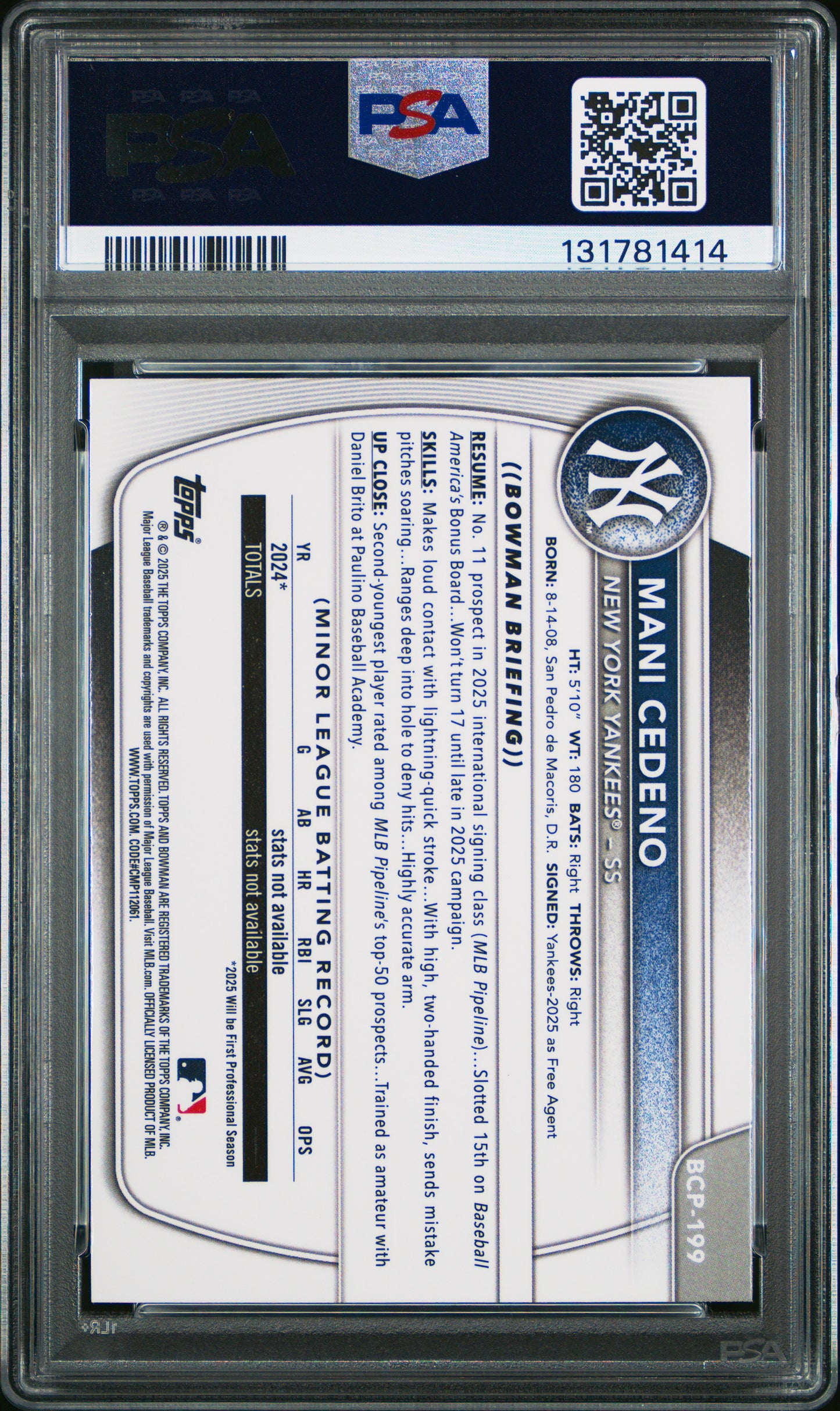2025 Bowman Chrome Prospects Mani Cedeno #BCP199 Blue Geometric 047/150 PSA 10