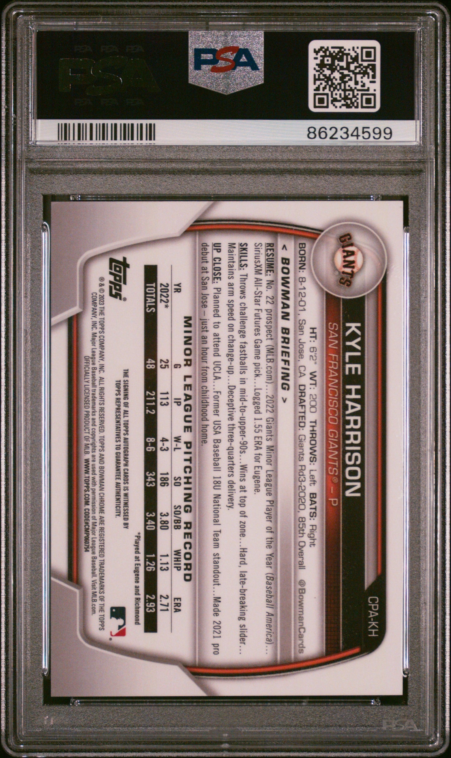 2023 Bowman Chrome Prospect Auto Kyle Harrison #CPAKH Speckle Ref 078/299 PSA 10