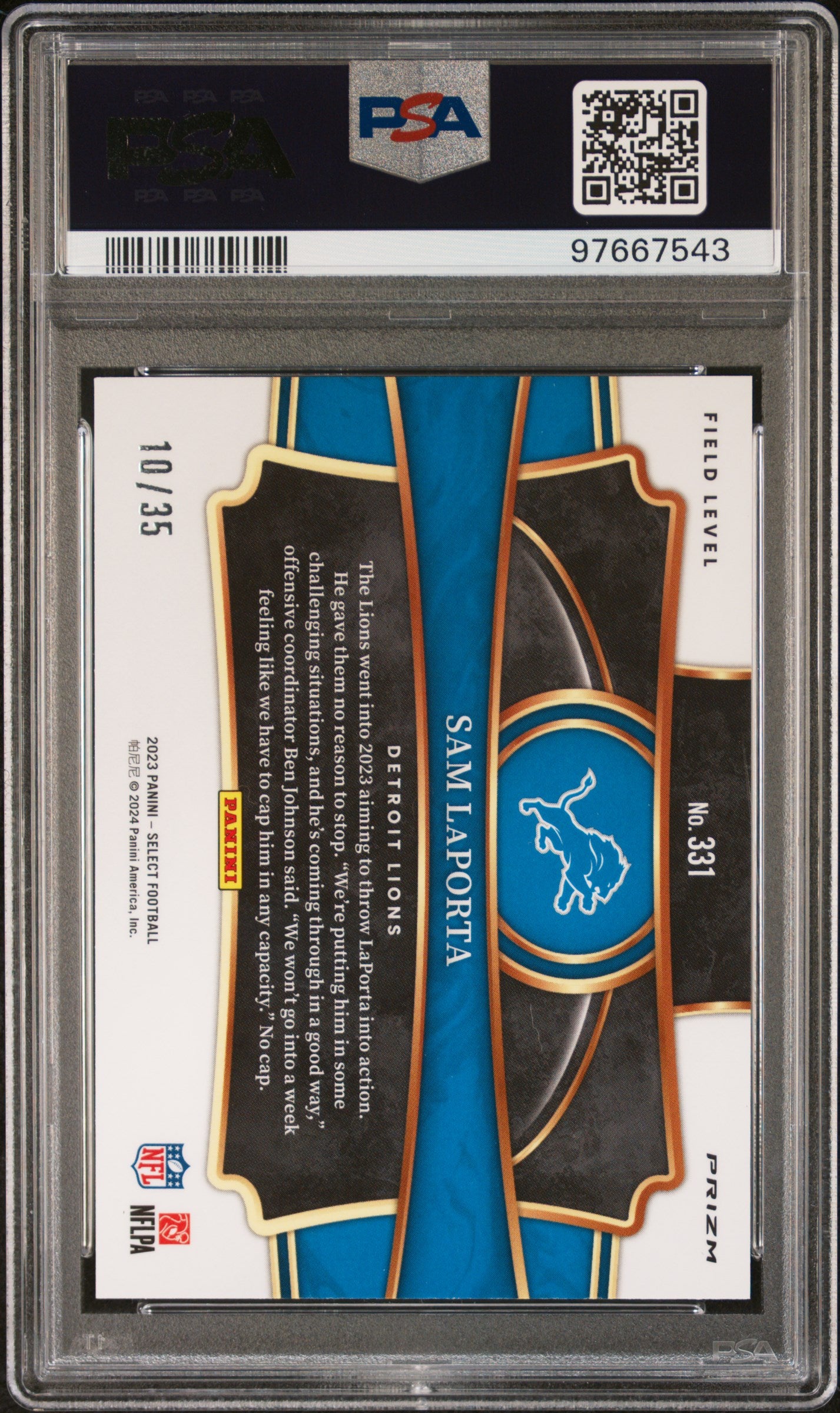 2023 Panini Select Sam LaPorta #331 White Prizm 10/35 PSA 10