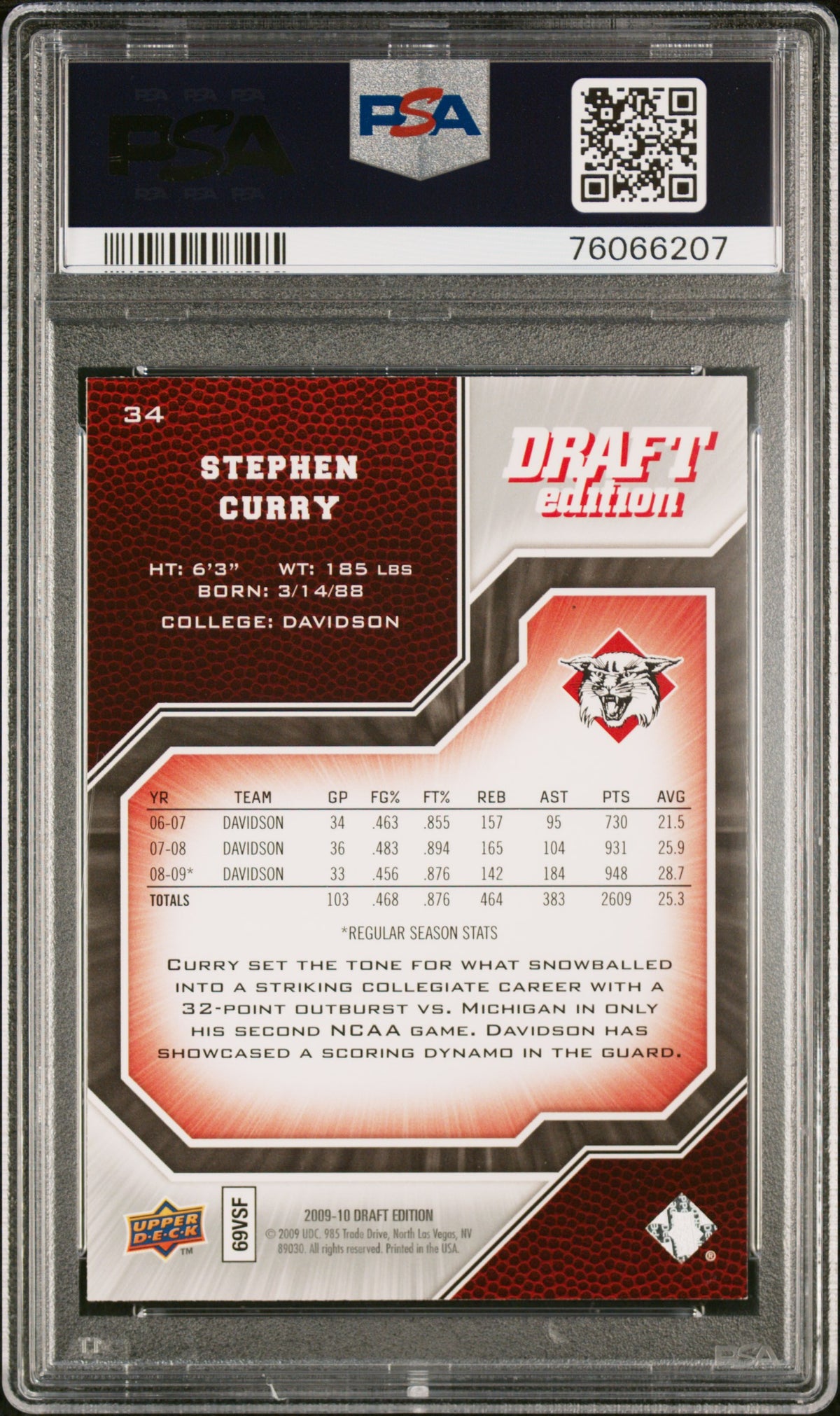 2009 Upper Deck Draft Edition Stephen Curry #34 RC PSA 9