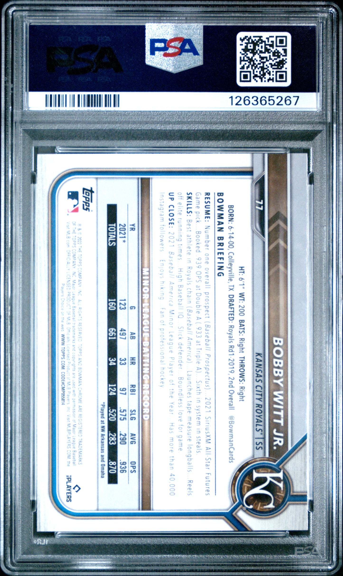 2022 Bowman Chrome Bobby Witt Jr. #77 RC PSA 9