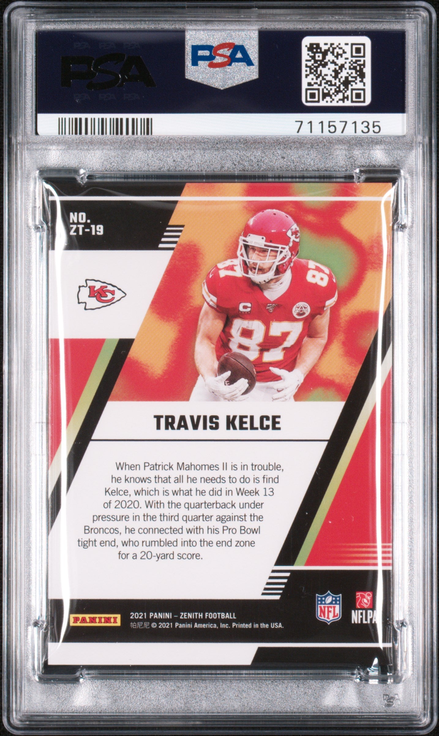 2021 Panini Zenith Z-Team Travis Kelce #ZT-19 Emerald 5/5 PSA 9