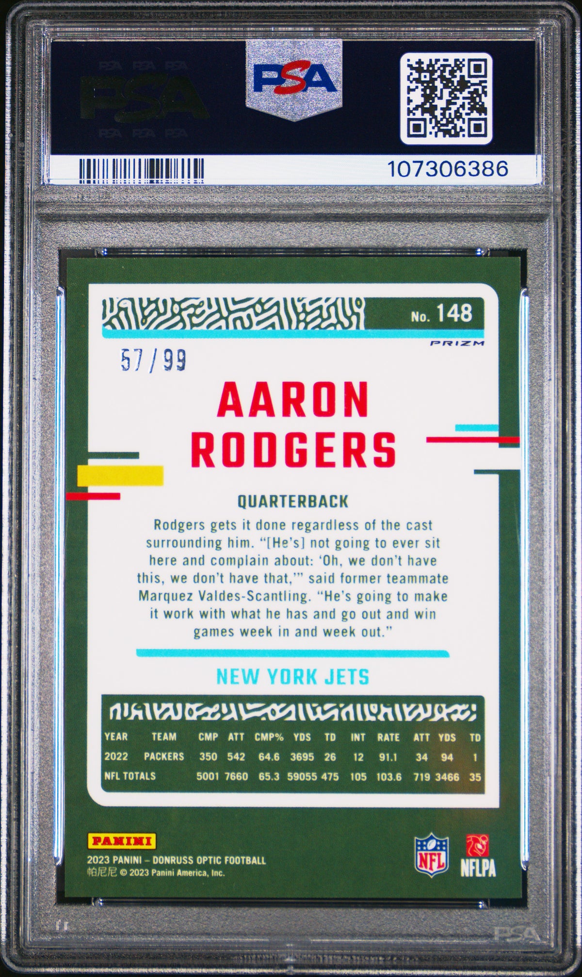 2023 Panini Donruss Optic Aaron Rodgers #148 Red 57/99 PSA 10