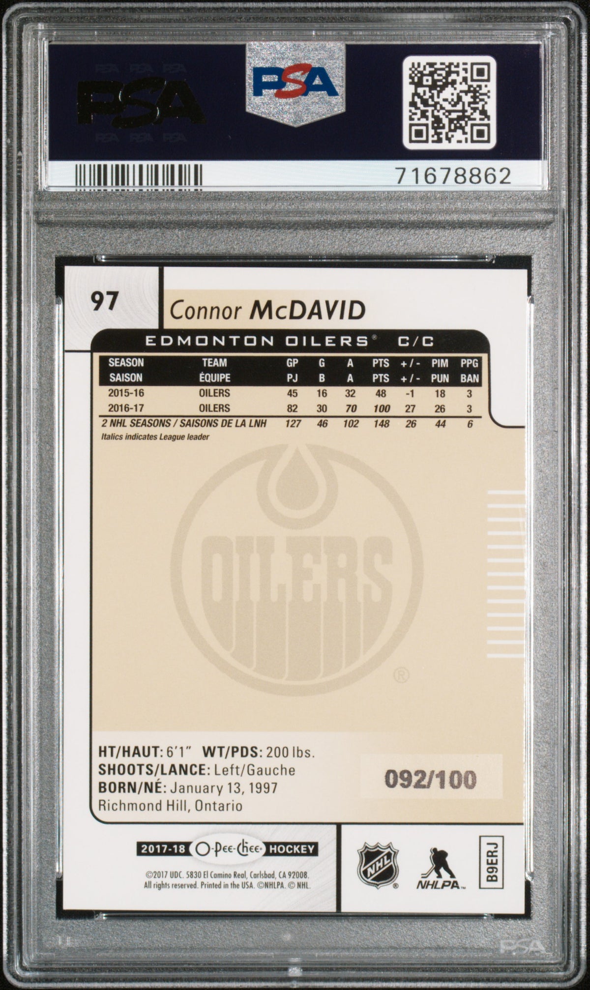 2017 O-Pee-Chee Connor McDavid #97 Black Rainbow Foil PSA 9