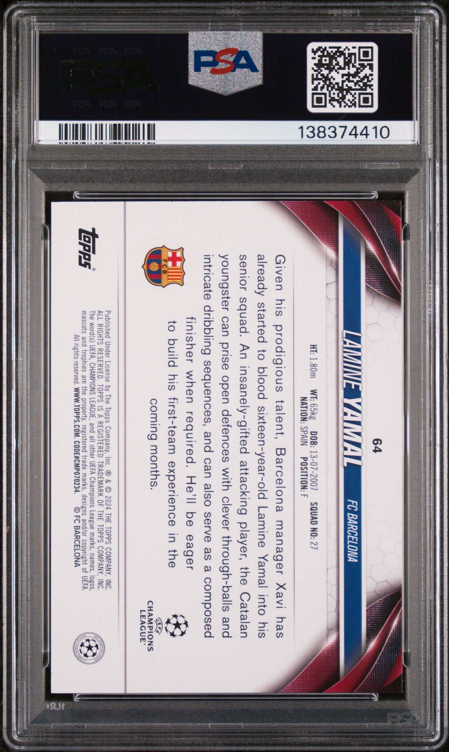 2023 Topps UEFA Club Competitions Lamine Yamal #64 RC PSA 9