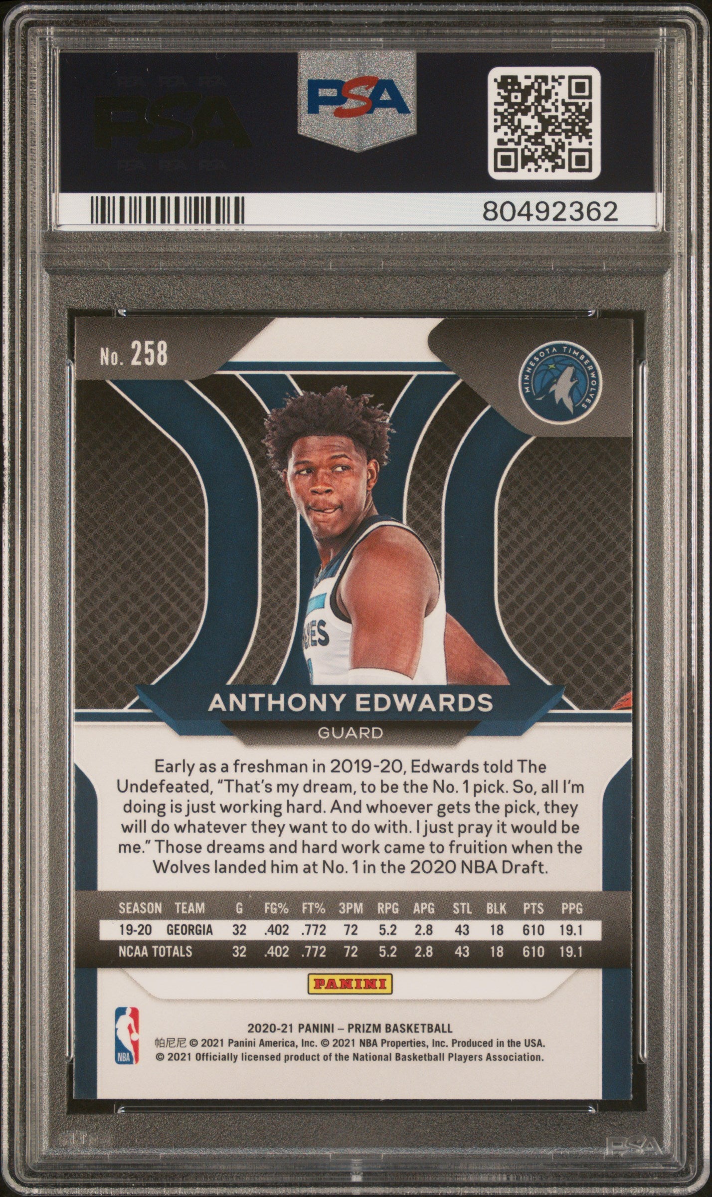 2020 Panini Prizm Anthony Edwards #258 RC PSA 10