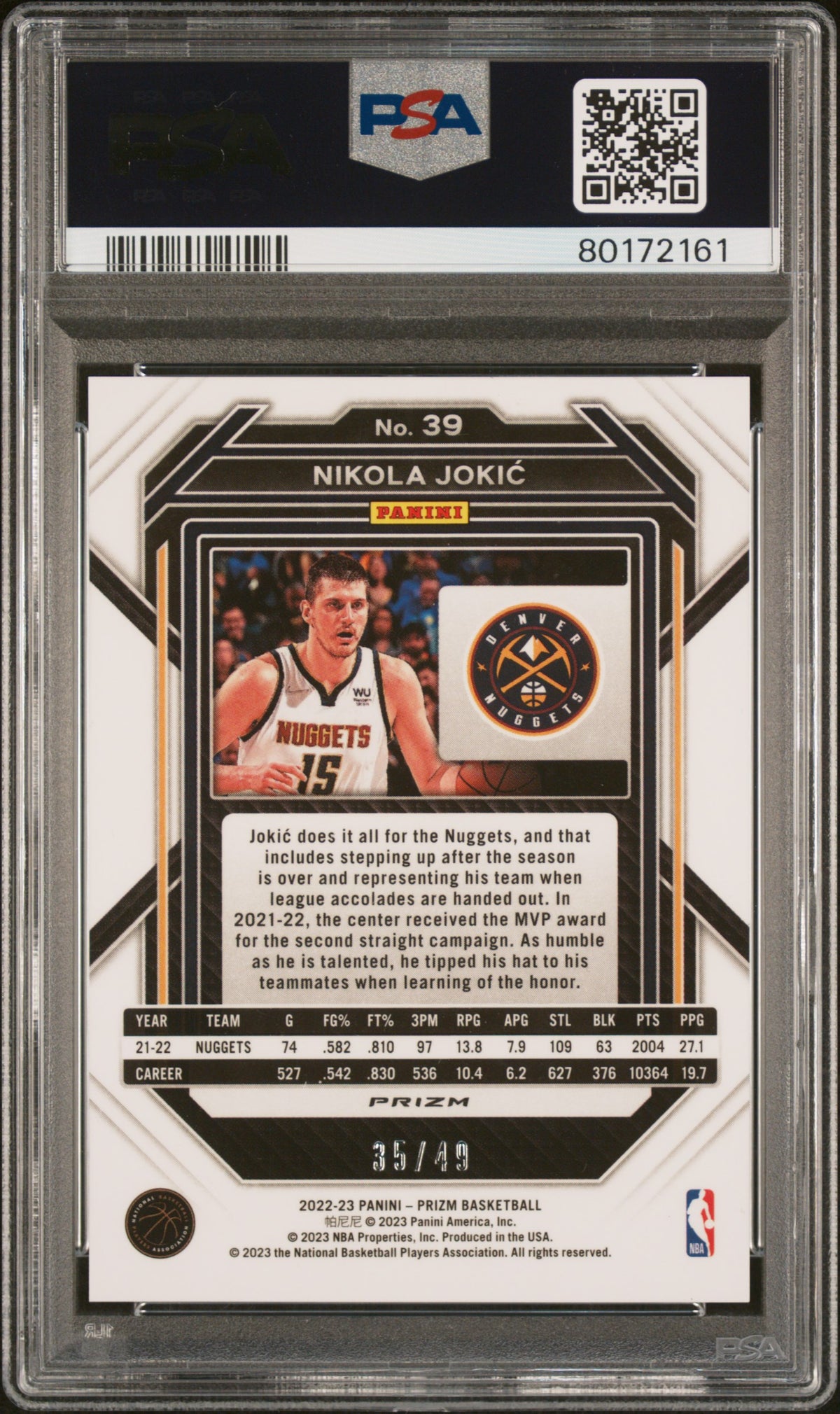 2022 Panini Prizm Nikola Jokic #39 Orange 35/49 PSA 10