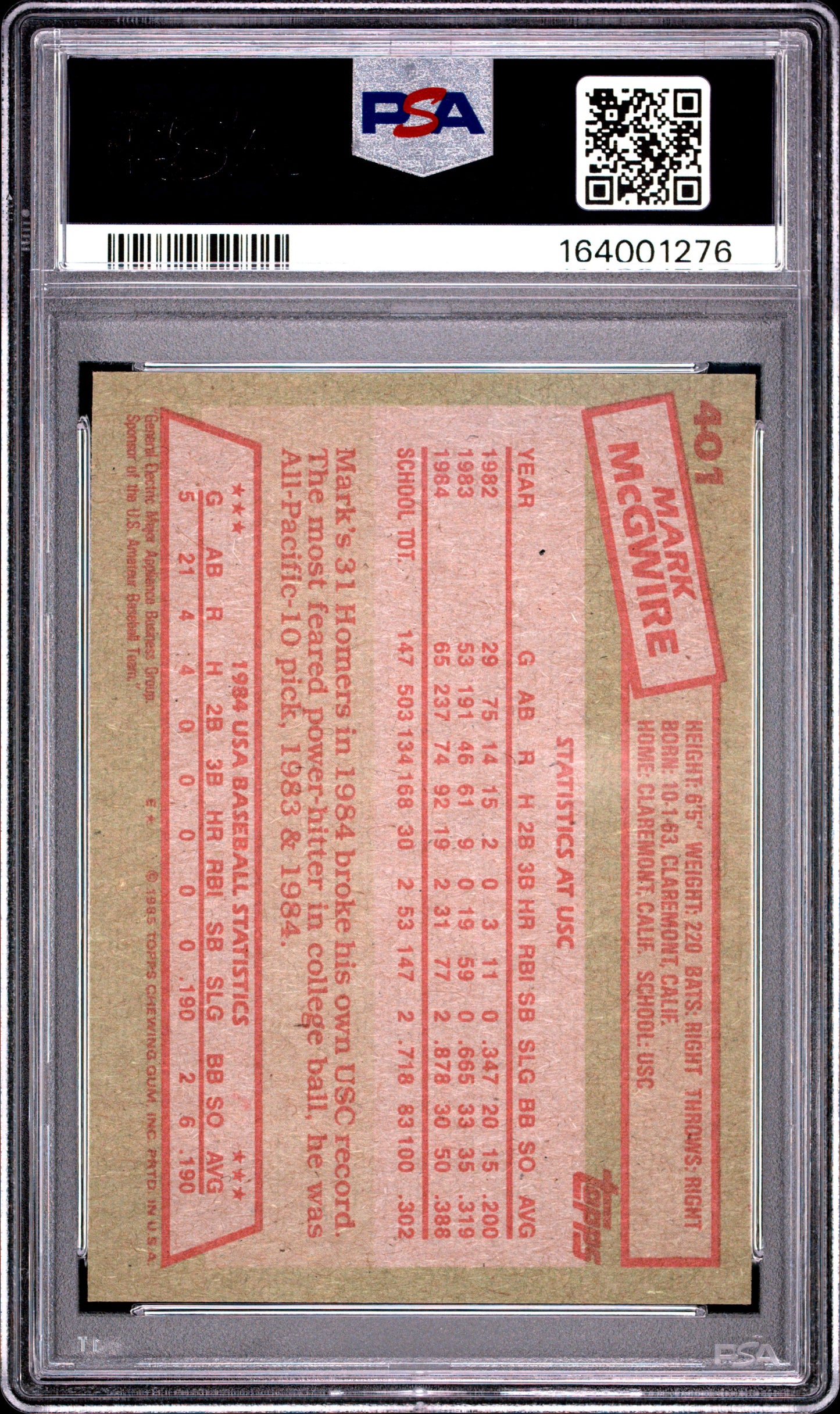 1985 Topps Mark McGwire #401 1984 USA Baseball Team PSA 7