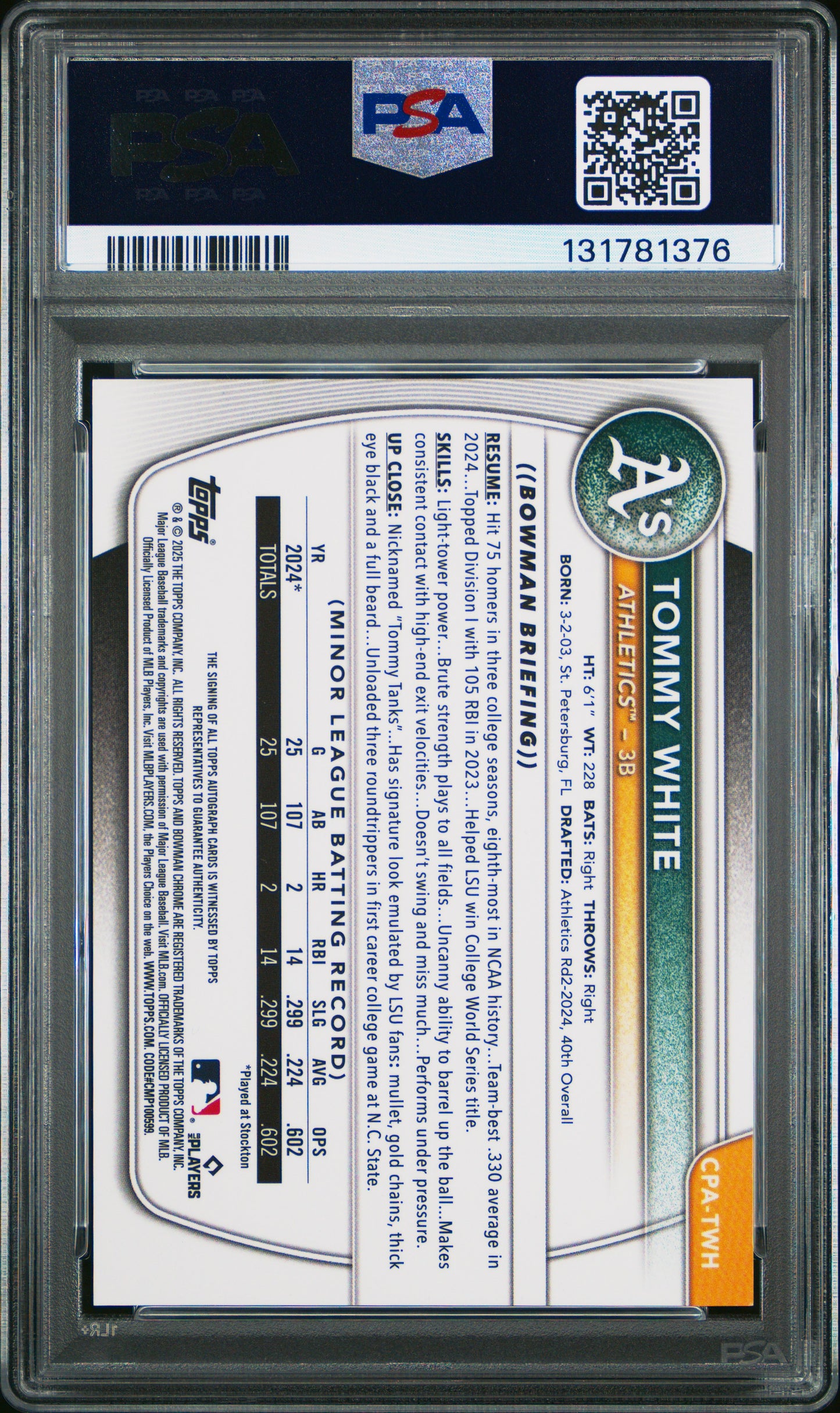 2025 Bowman Chrome Prospect Autographs Tommy White #CPATWH PSA 10