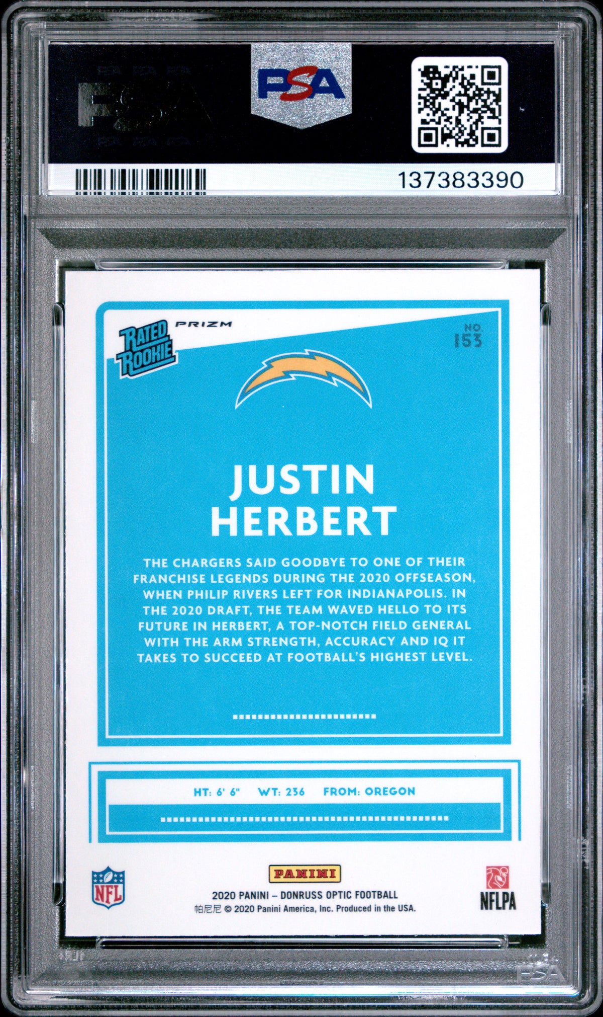 2020 Donruss Optic Rated Rookie Justin Herbert #153 Pink PSA 9