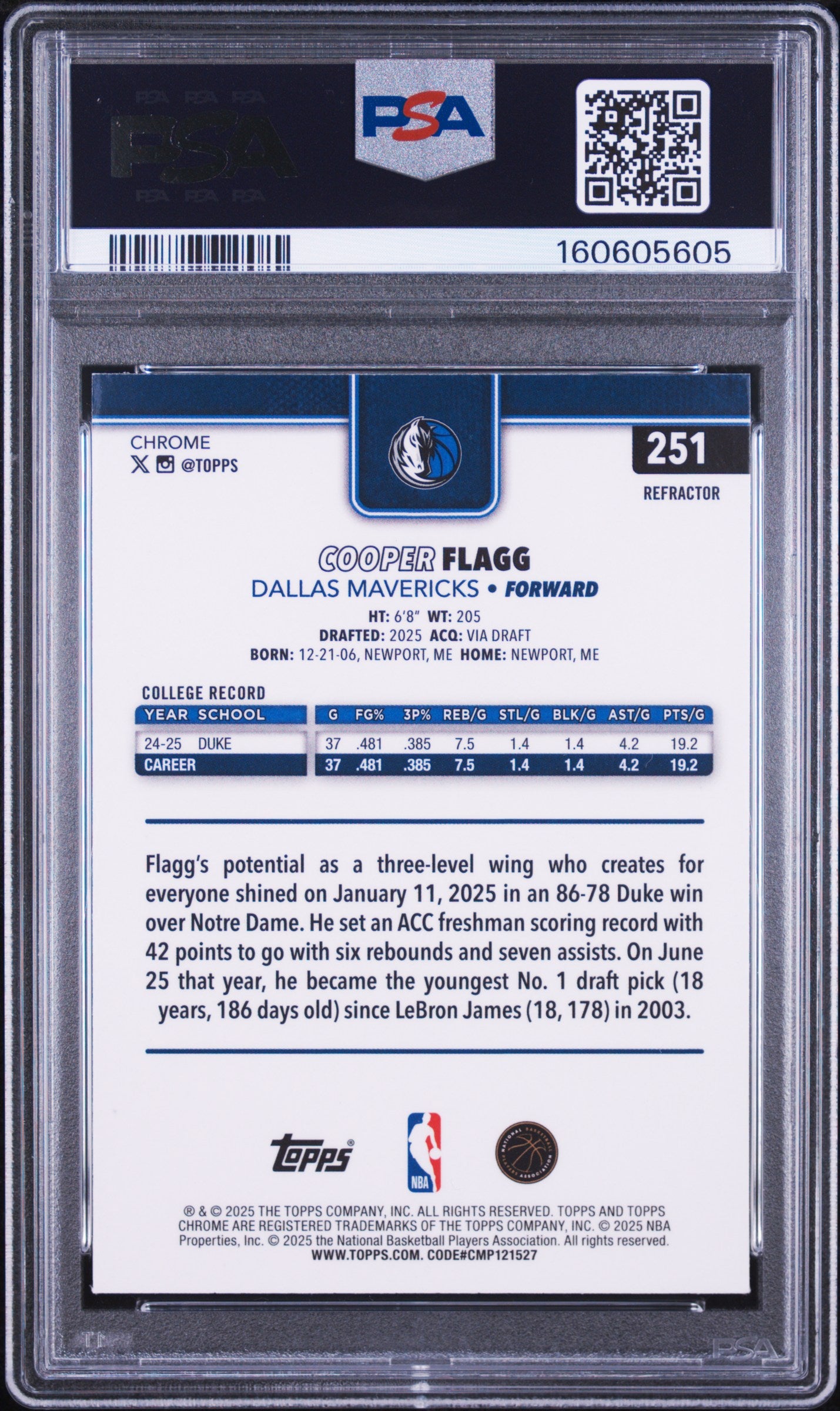 2025 Topps Chrome Cooper Flagg #251 Refractor RC PSA 9