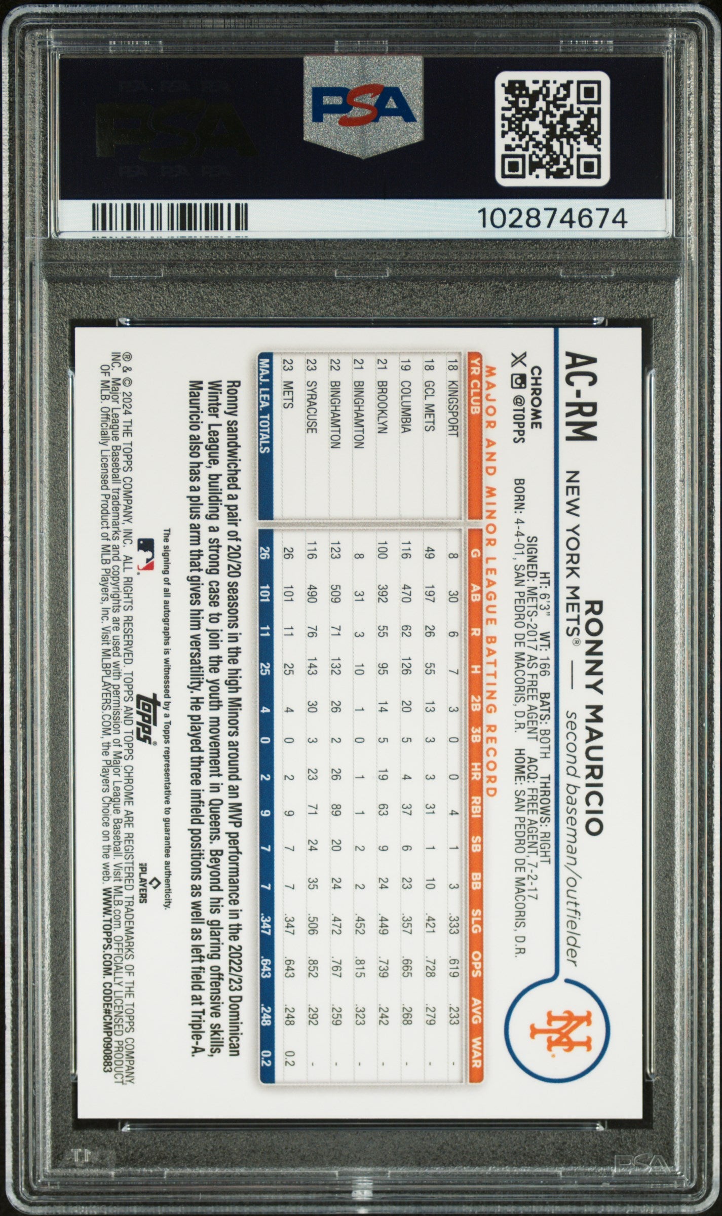 2024 Chrome Update Baseball Auto Ronny Mauricio Blue Refractor /150 PSA 10