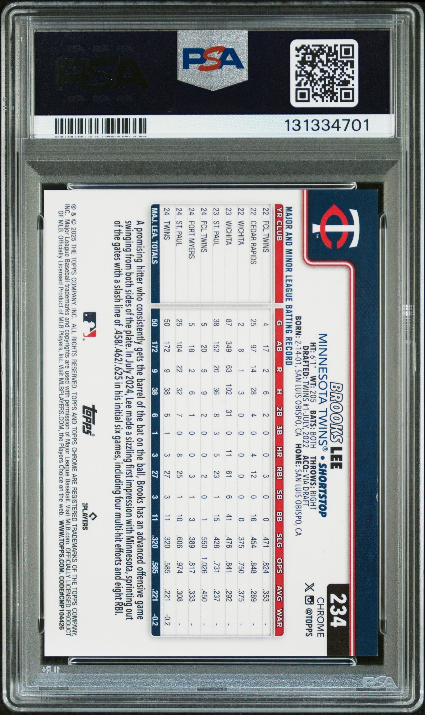 2025 Topps Chrome Sapphire Brooks Lee #234 Gold RC 18/50 PSA 9