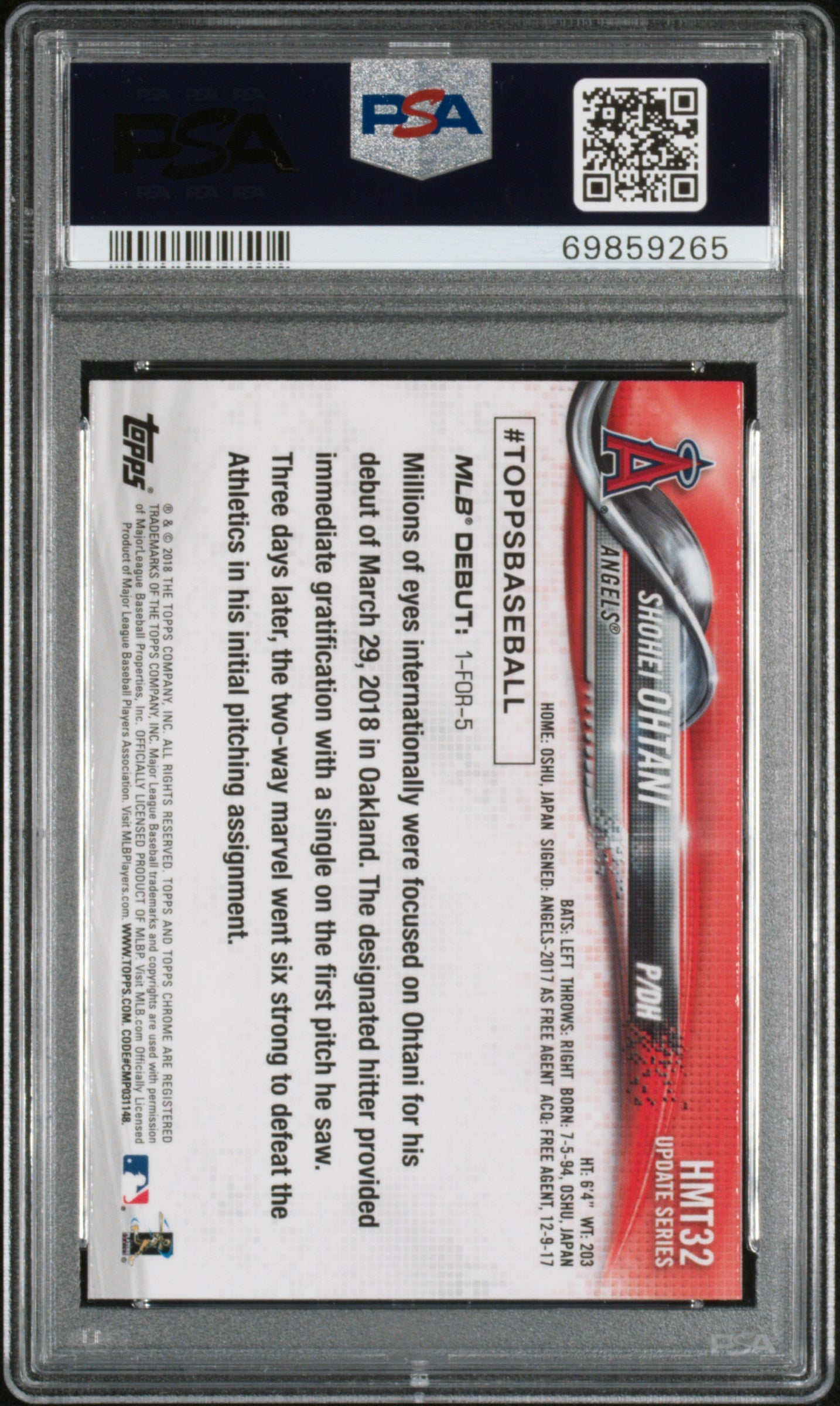 2018 Topps Chrome Update Shohei Ohtani #HMT32 PSA 10