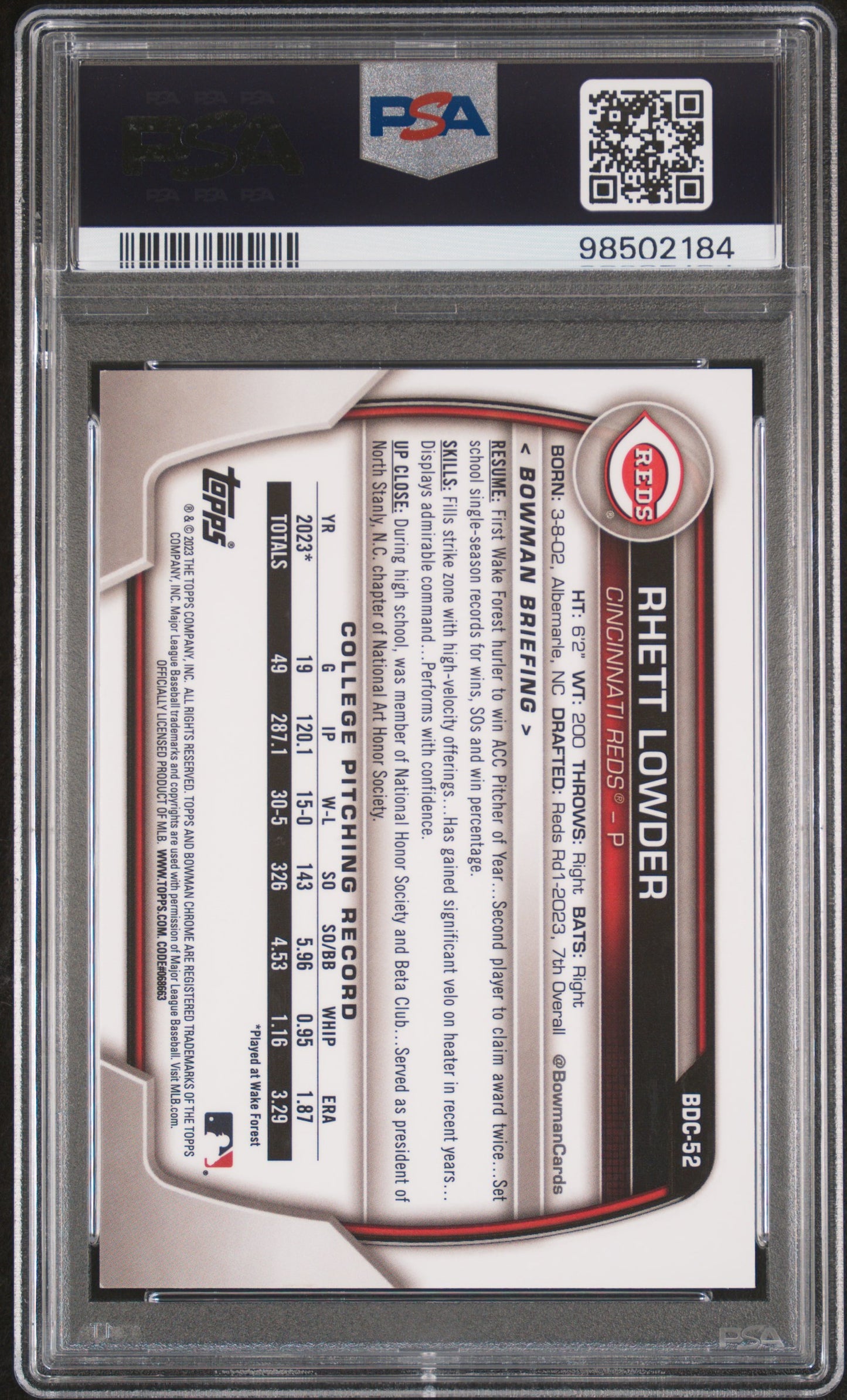 2023 Bowman Draft Rhett Lowder #BDC52 Chrome Rose Gold Lava PSA 9