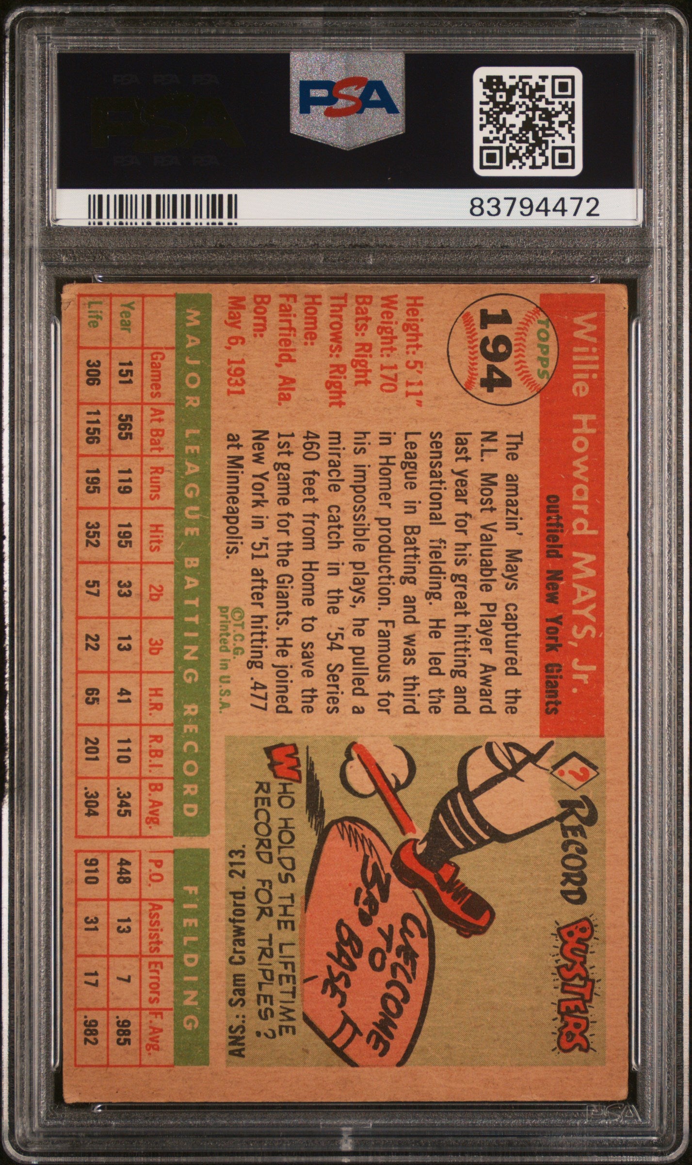 1955 Topps Willie Mays #194 PSA 2
