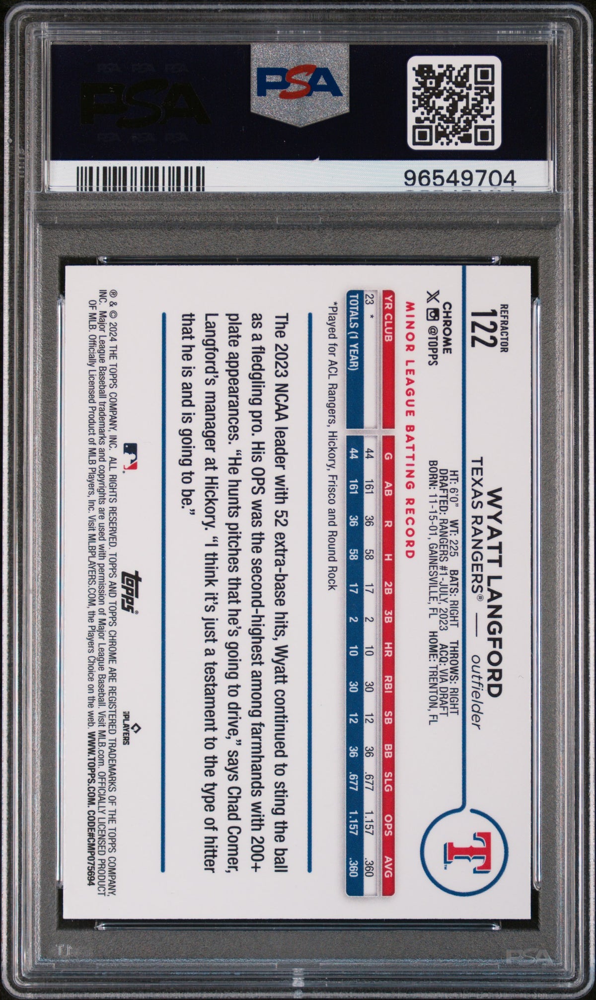 2024 Topps Chrome Wyatt Langford #122 Refractor RC PSA 10