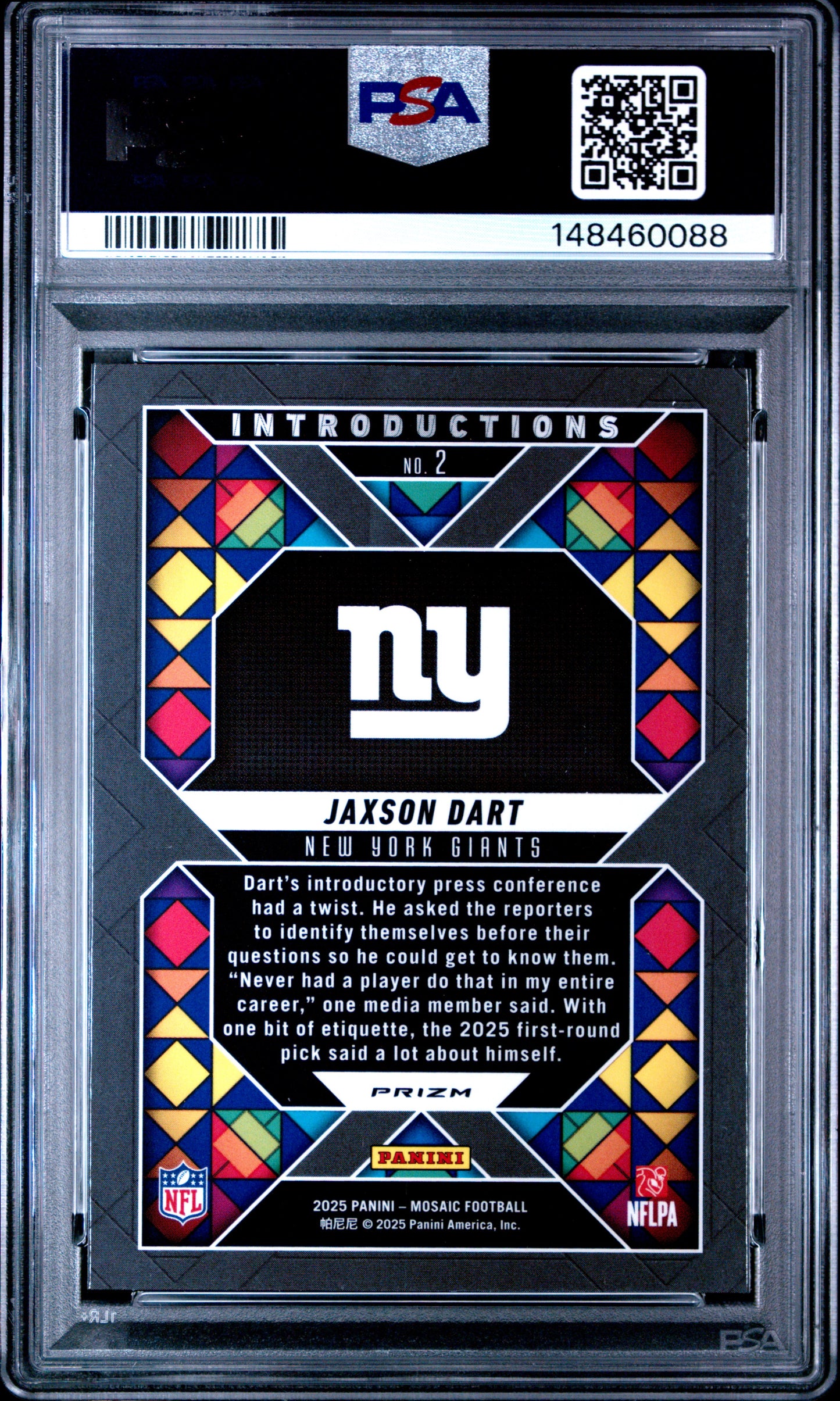 2025 Panini Mosaic Introductions Jaxson Dart #2 Silver No Huddle PSA 10