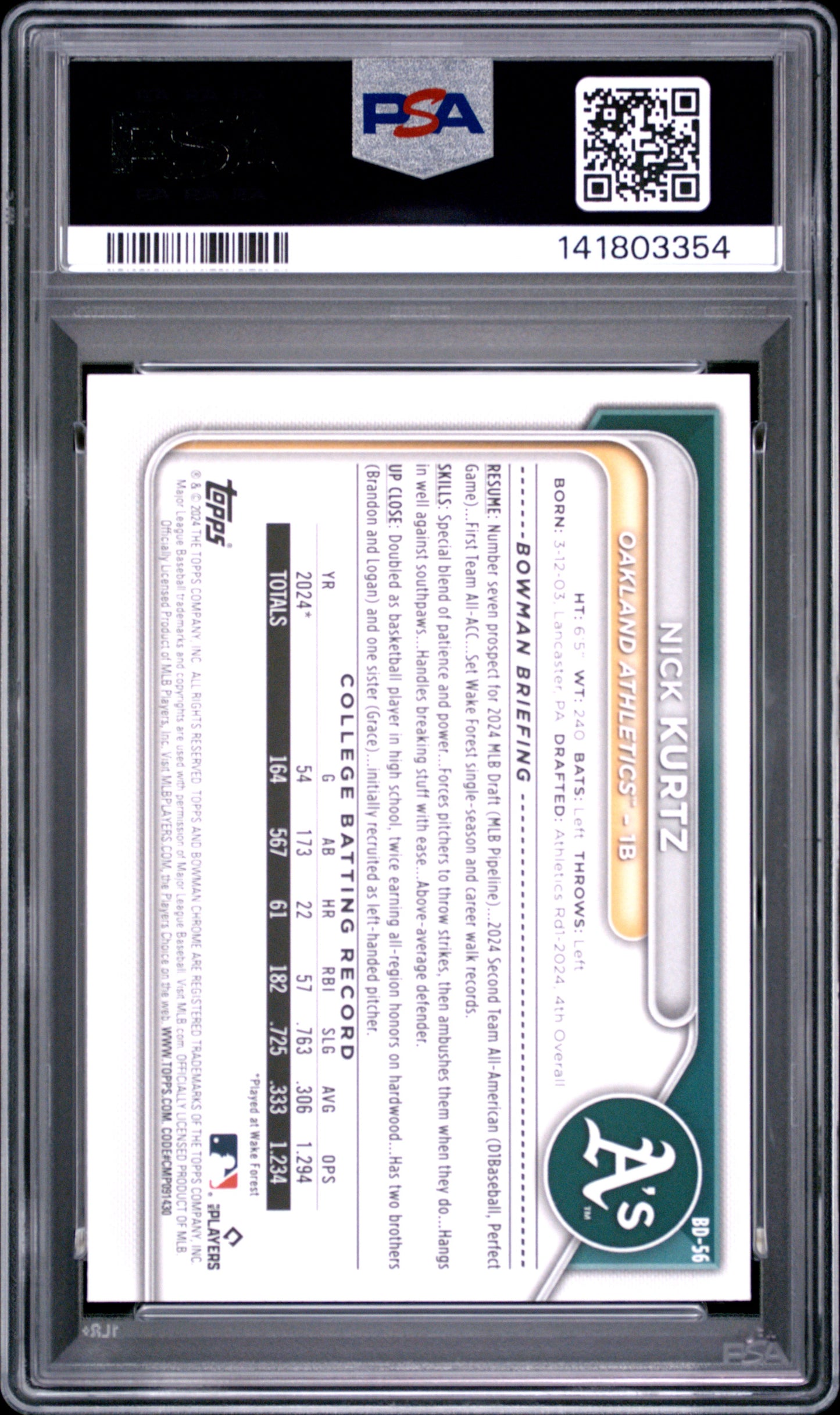 2024 Bowman Draft Nick Kurtz #BD56 PSA 9