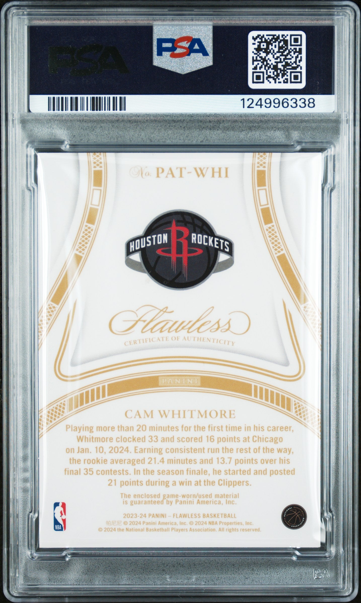 2023 Panini Flawless Patches Cam Whitmore #PATWHI 09/20 RC PSA 9