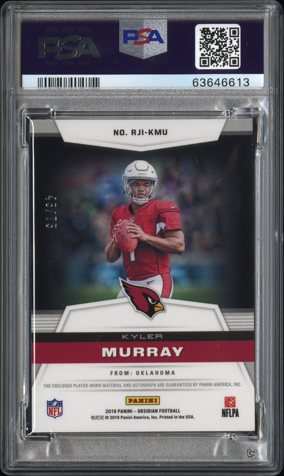 2019 Obsidian Rookie Jersey Ink Kyler Murray Electric Etch Orange 45/75 PSA 10