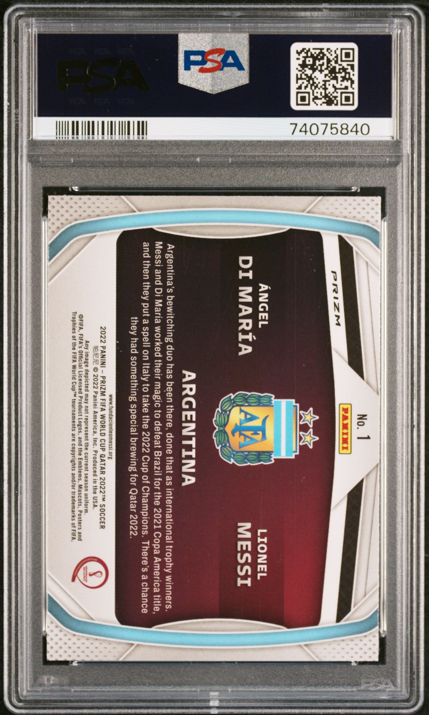 2022 Panini Prizm World Cup Qatar Connections DI Maria L. Messi #1 Silver PSA 9