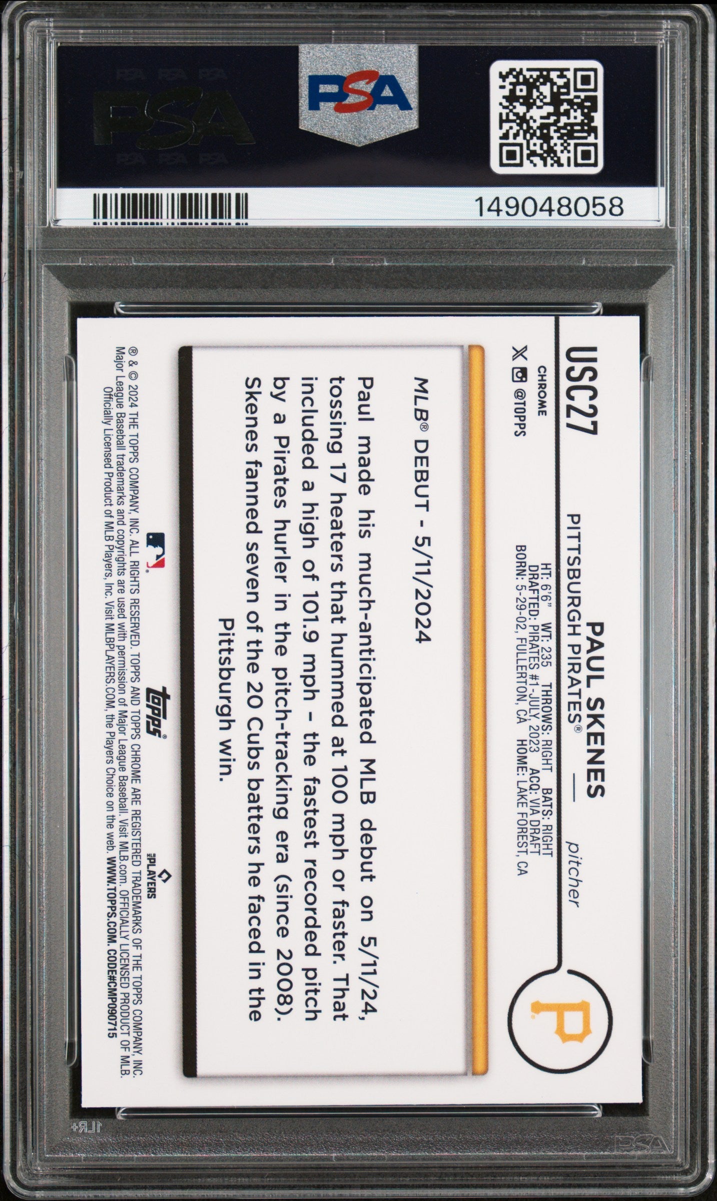2024 Topps Chrome Update Paul Skenes #USC27 PSA 10