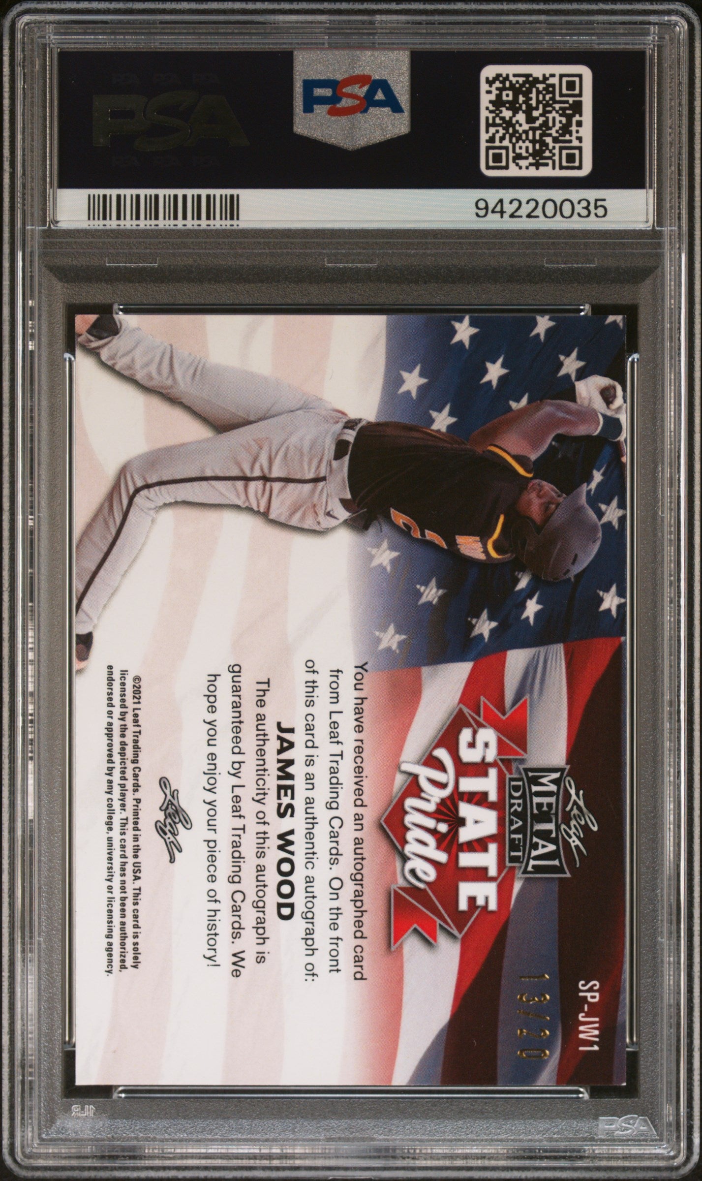 2021 Leaf Metal Draft State Pride Autos James Wood #JW1 Pink Rnbw PSA 9 Auto 10