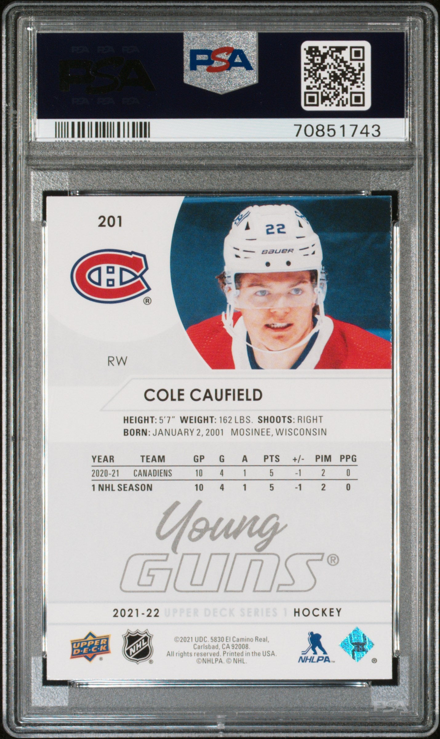 2021 Upper Deck Young Guns Cole Caufield #201 PSA 9