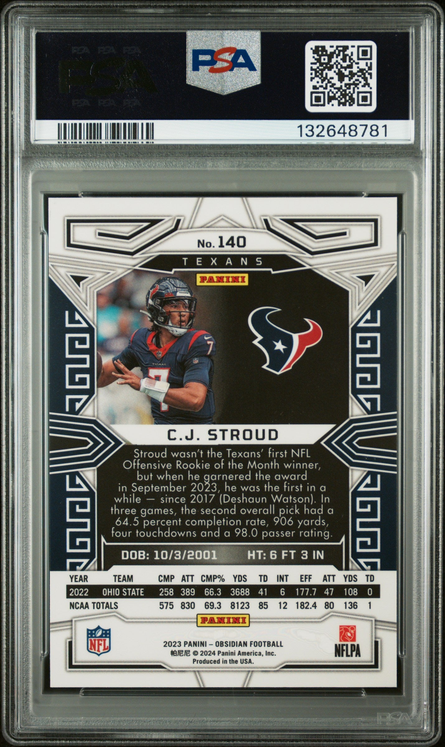 2023 Panini Obsidian CJ Stroud #140 RC PSA 10