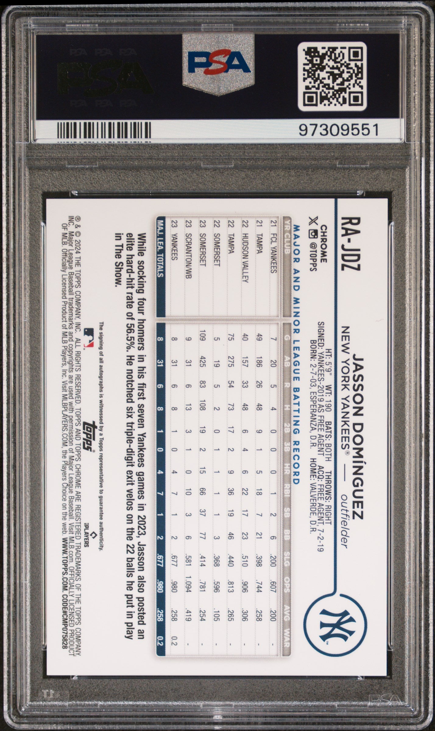 2024 Topps Chrome Rookie Autographs Jasson Dominguez #RAJDZ Blue 133/150 PSA 10
