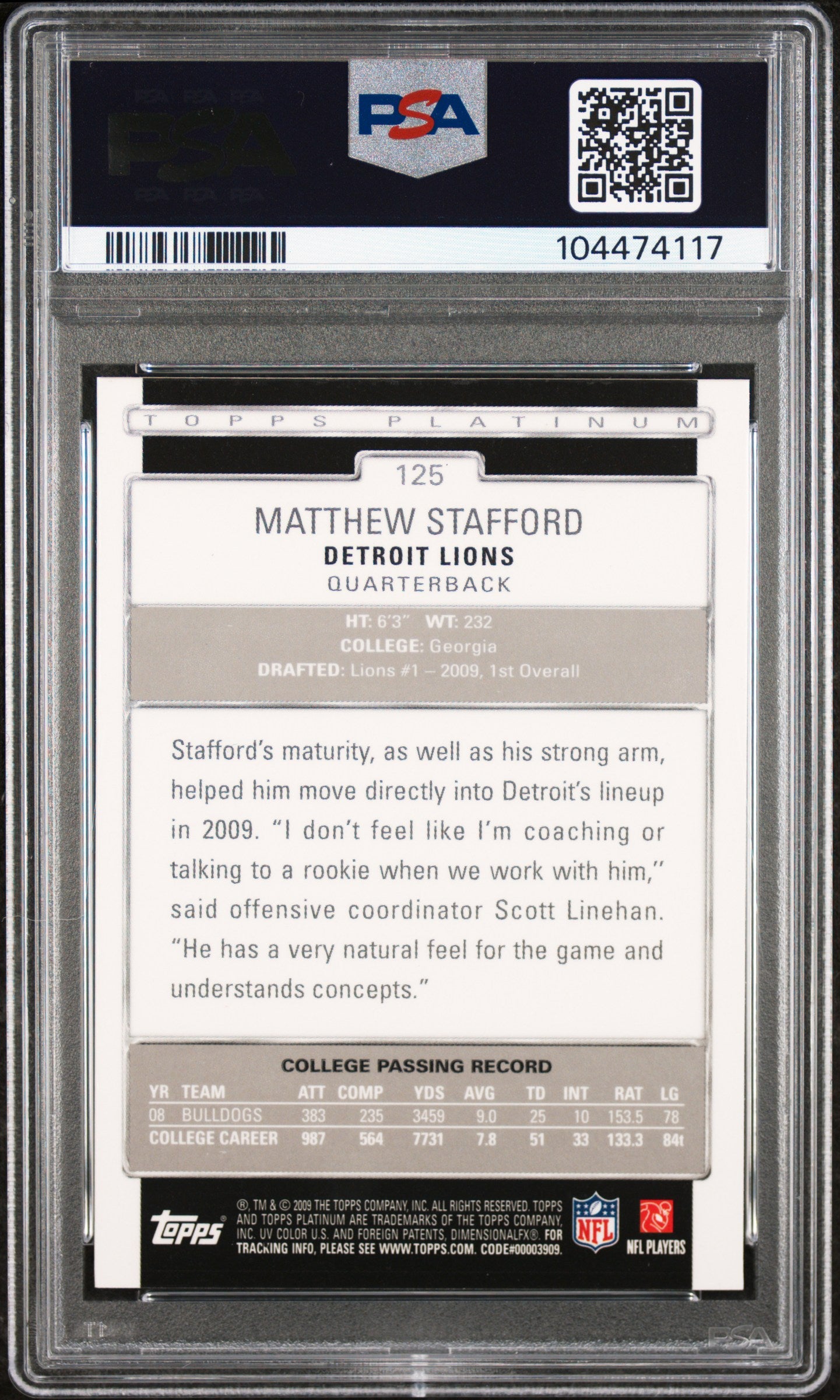 2009 Topps Platinum Matthew Stafford #125 RC PSA 9